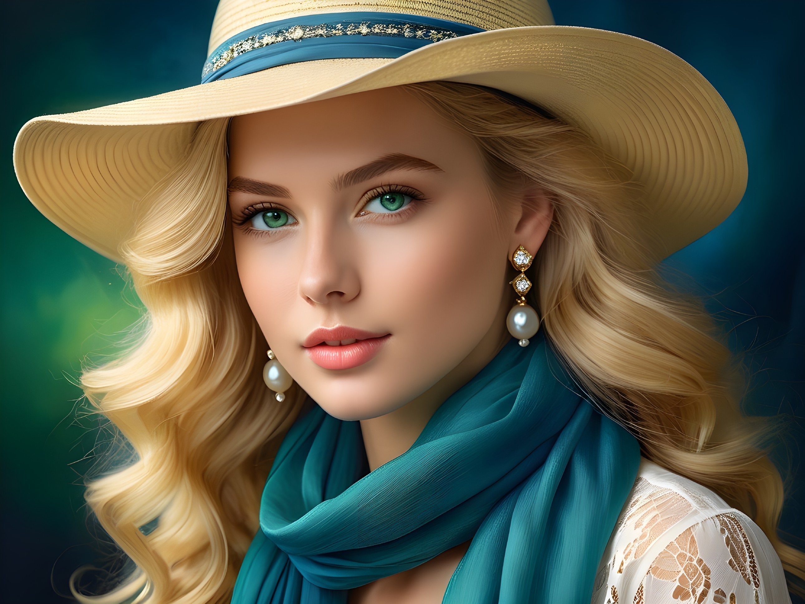 Close-up Portrait of a Young Woman with Hat and Scarf