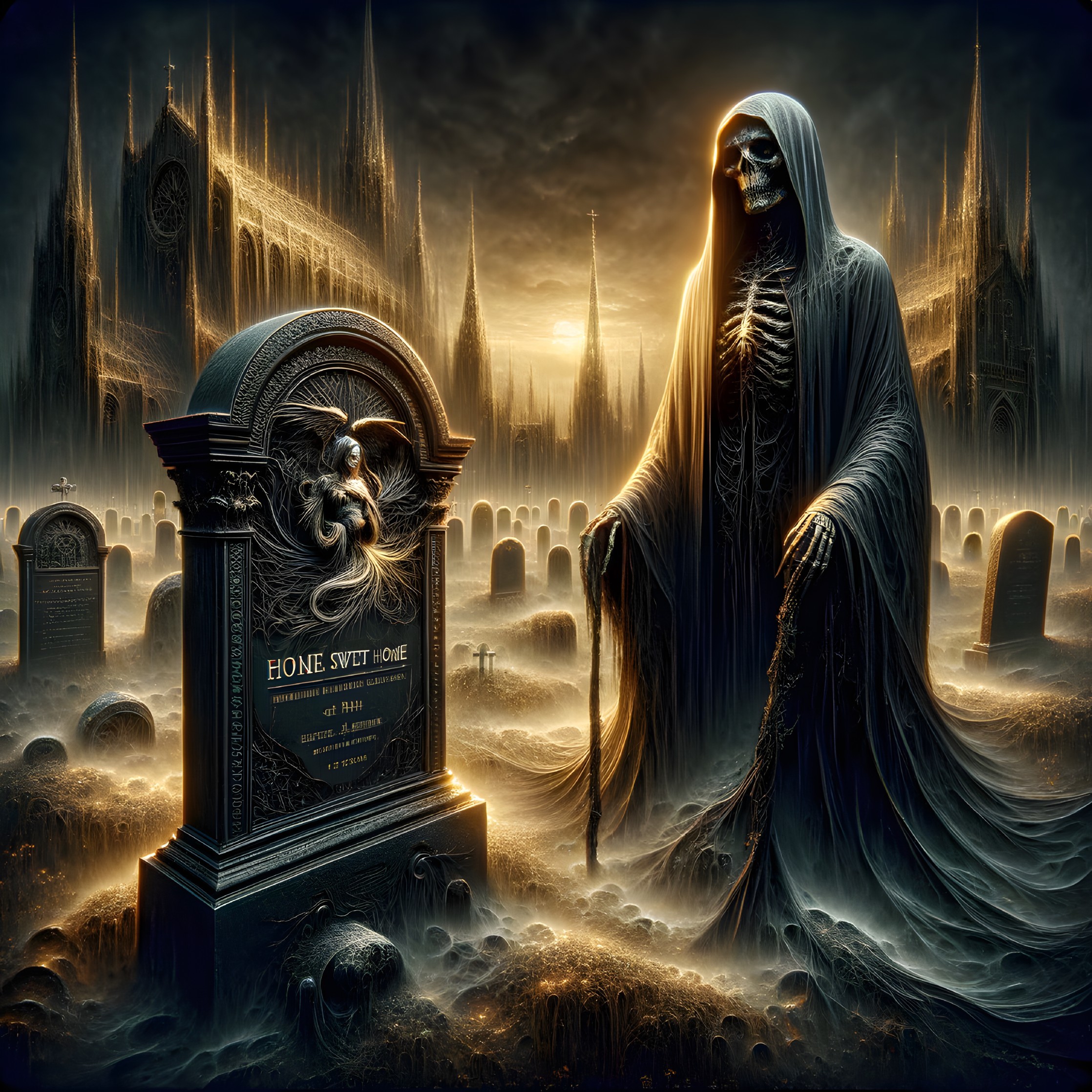 Hooded figure by gothic tombstone in eerie cemetery