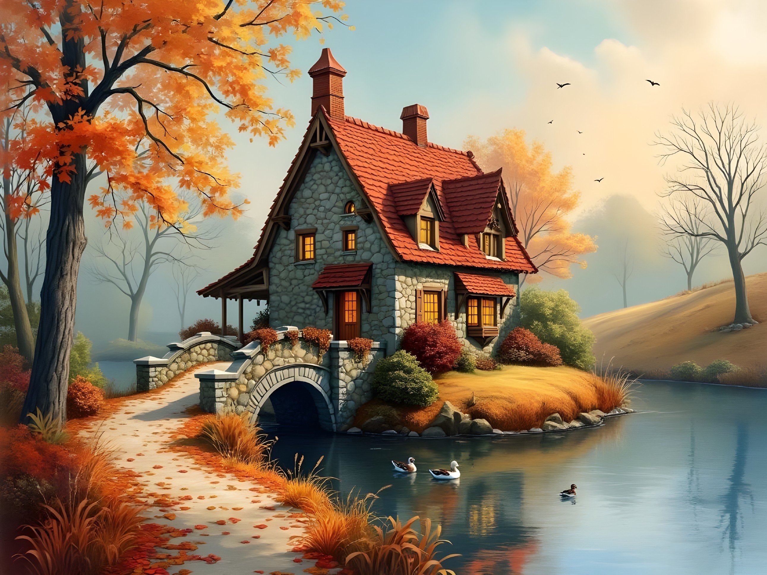 Stone cottage by pond with autumn foliage and bridge
