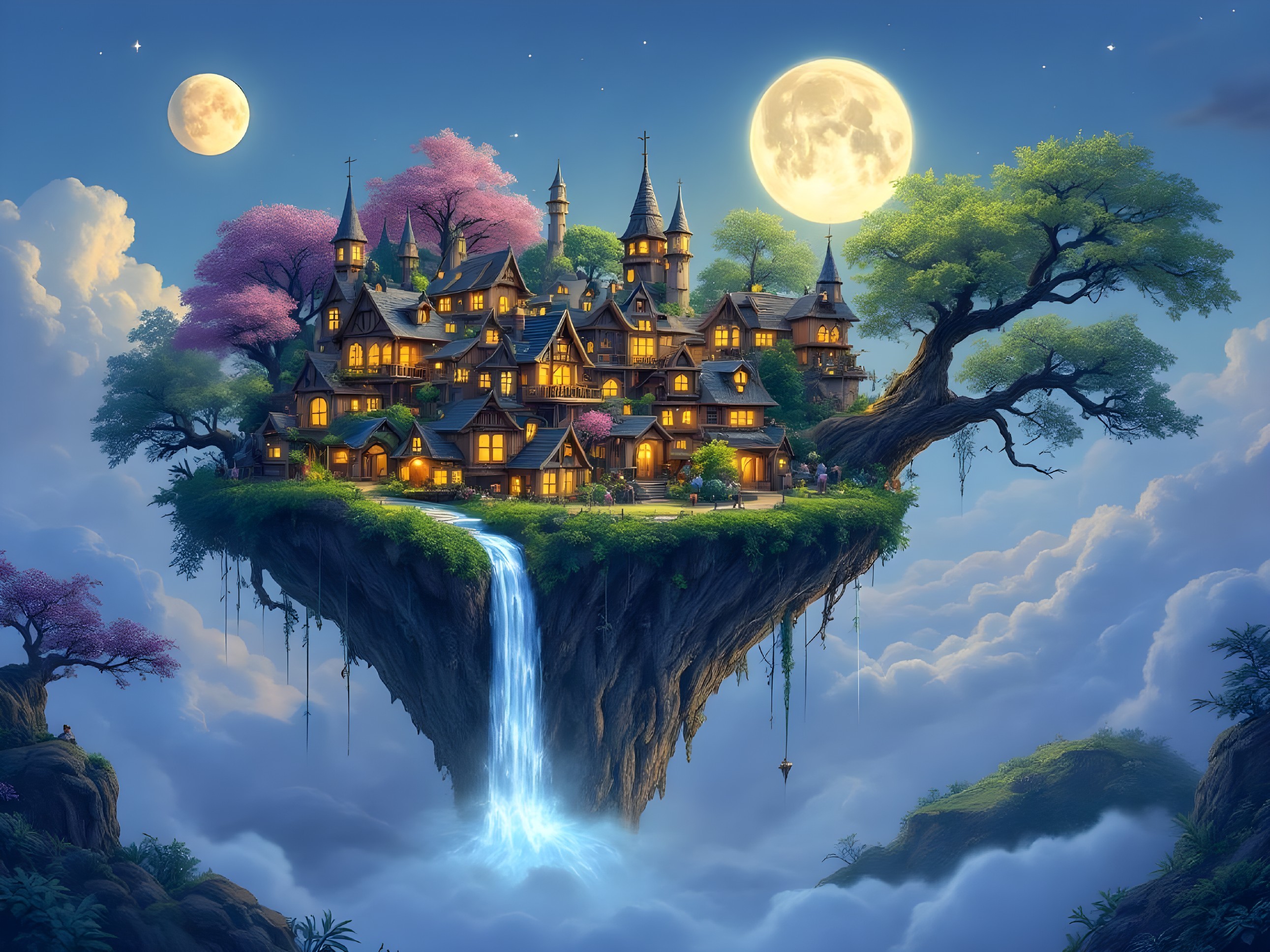 Whimsical Floating Village on a Lush Green Island