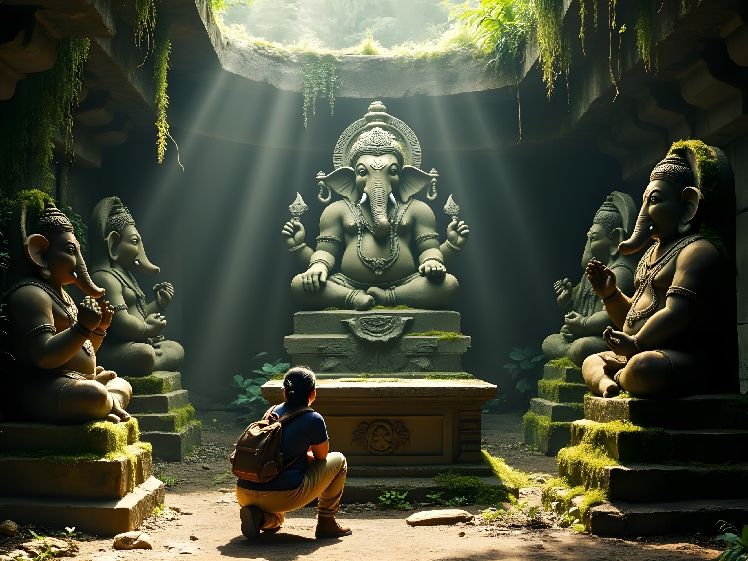 Young Person Kneeling Before Ganesha Statue in Temple