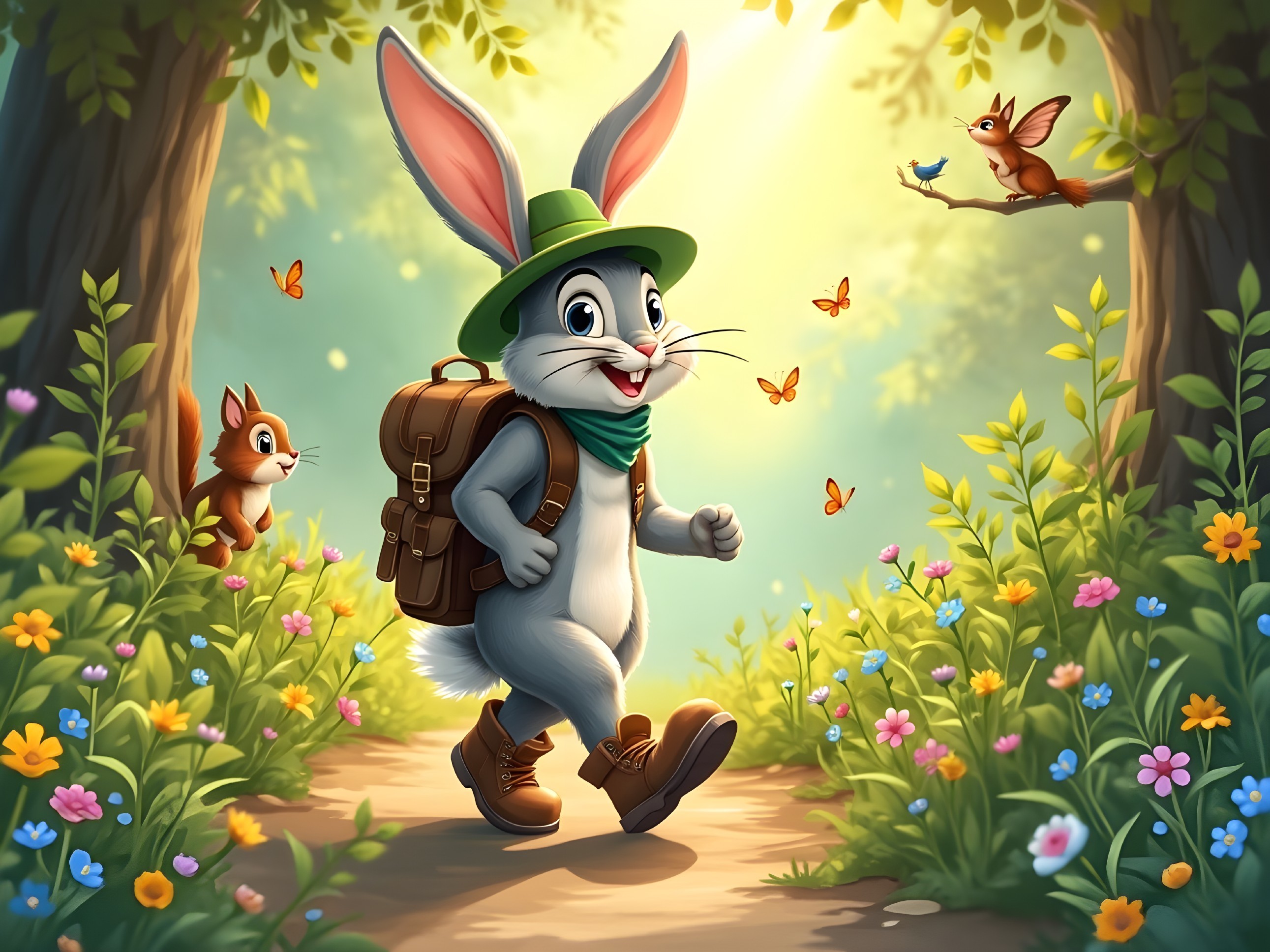 Cheerful cartoon rabbit on a sunlit flower path