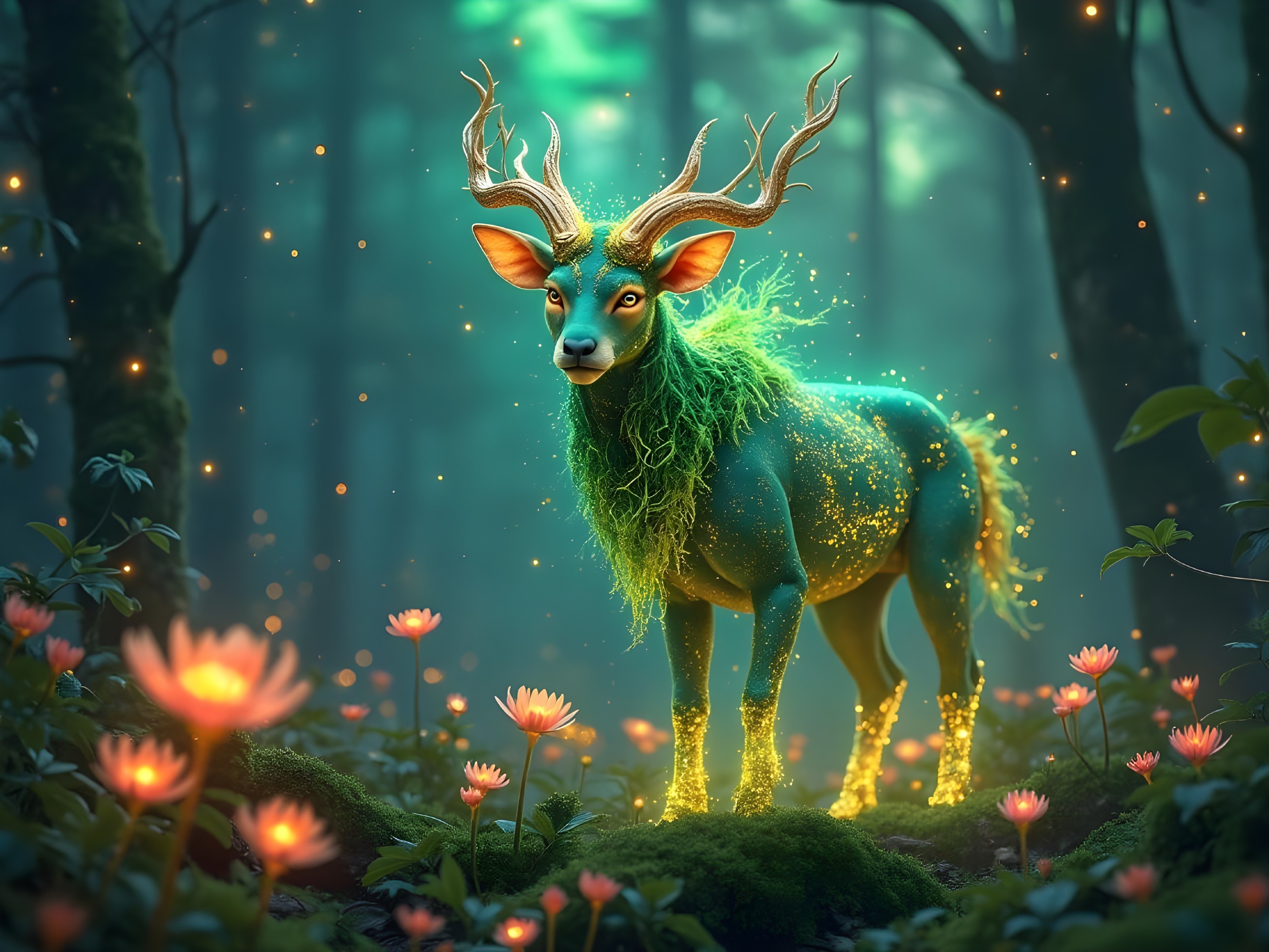 Mystical Forest with Enchanting Blue Deer and Flowers