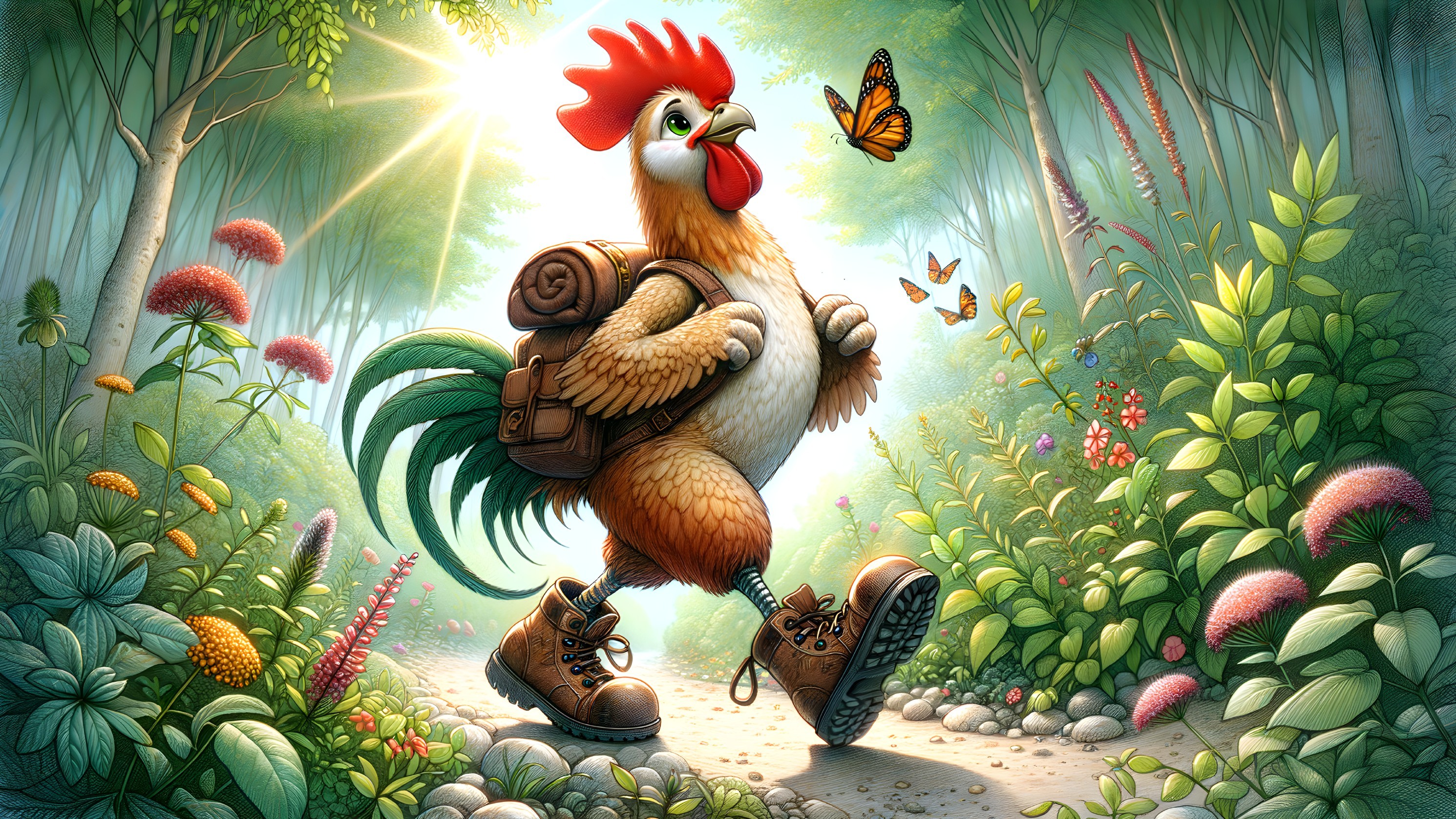 Cheerful Rooster in Boots on a Forest Path Adventure