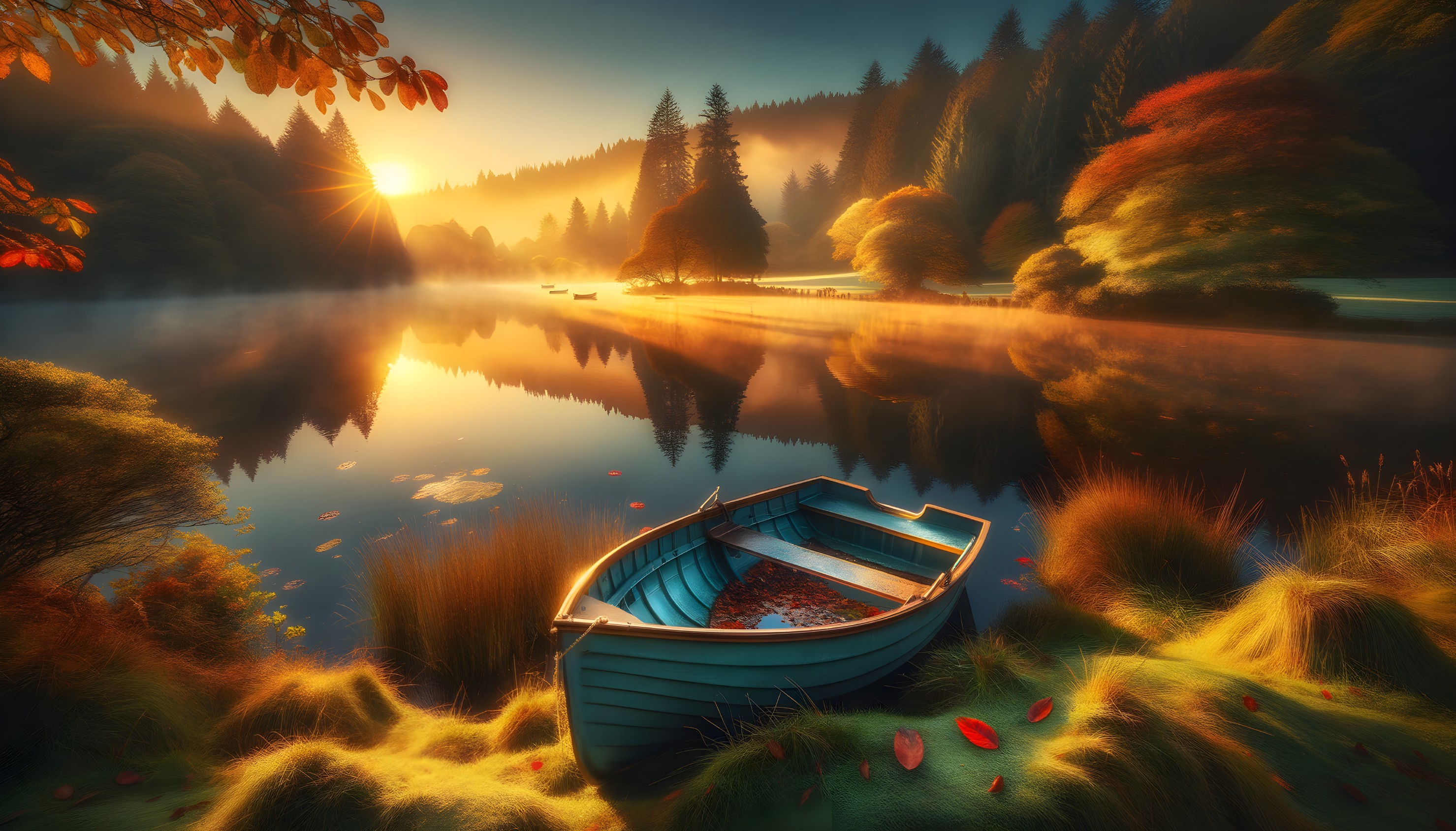 Dawn at a Tranquil Lake with Mist and Autumn Leaves