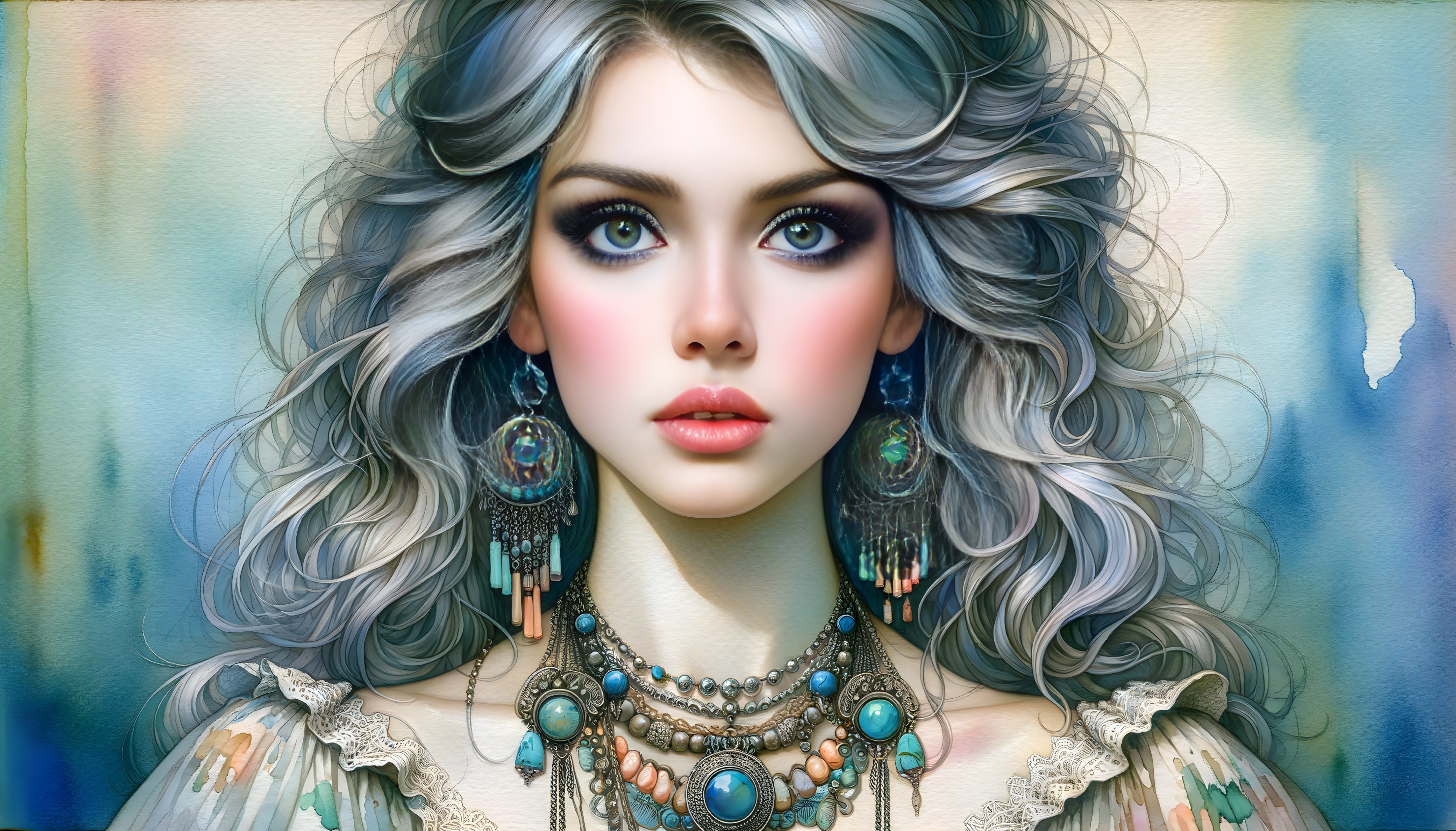 Portrait of a Young Woman with Silver Hair and Jewelry