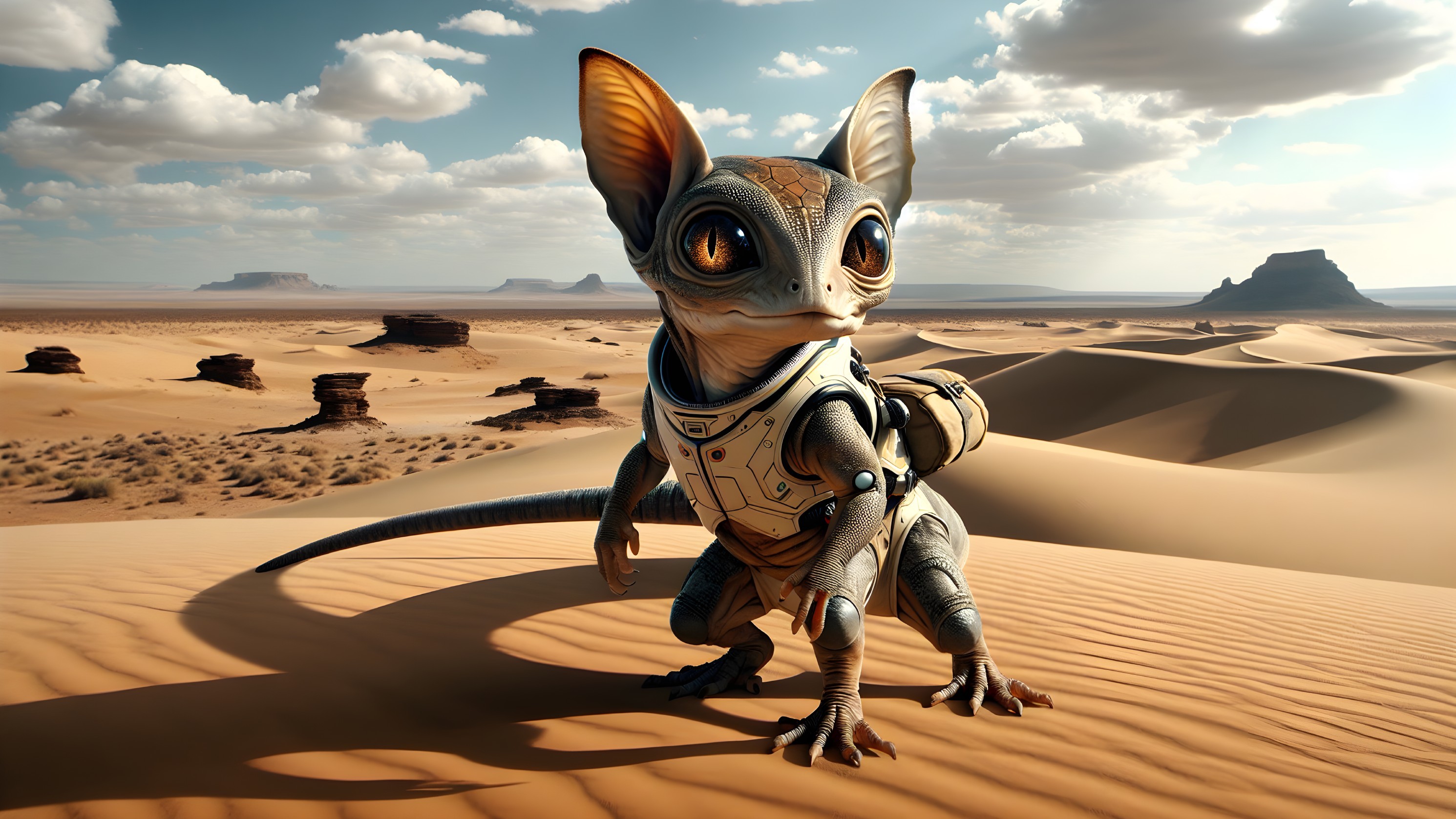Fantastical Creature in Desert Landscape with Futuristic Suit