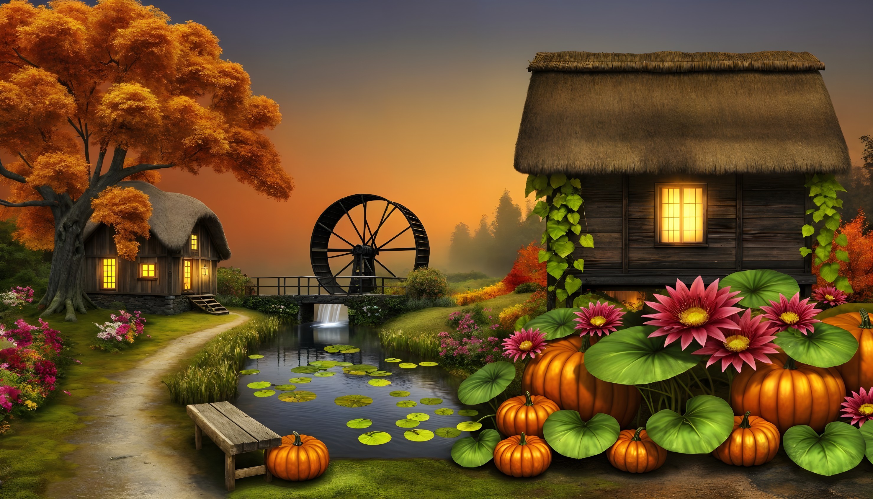 Autumn Landscape with Cottages and Tranquil Pond