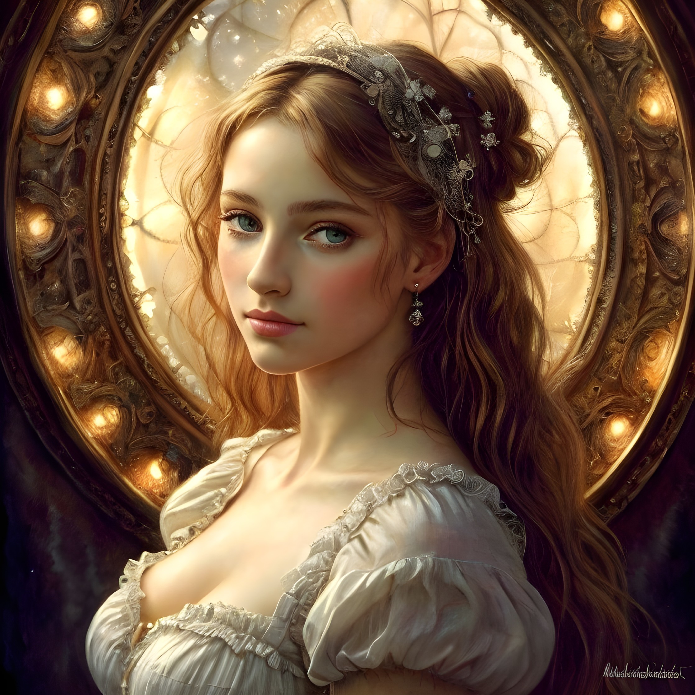 Young woman with blue eyes in vintage dress and mirror frame artwork.