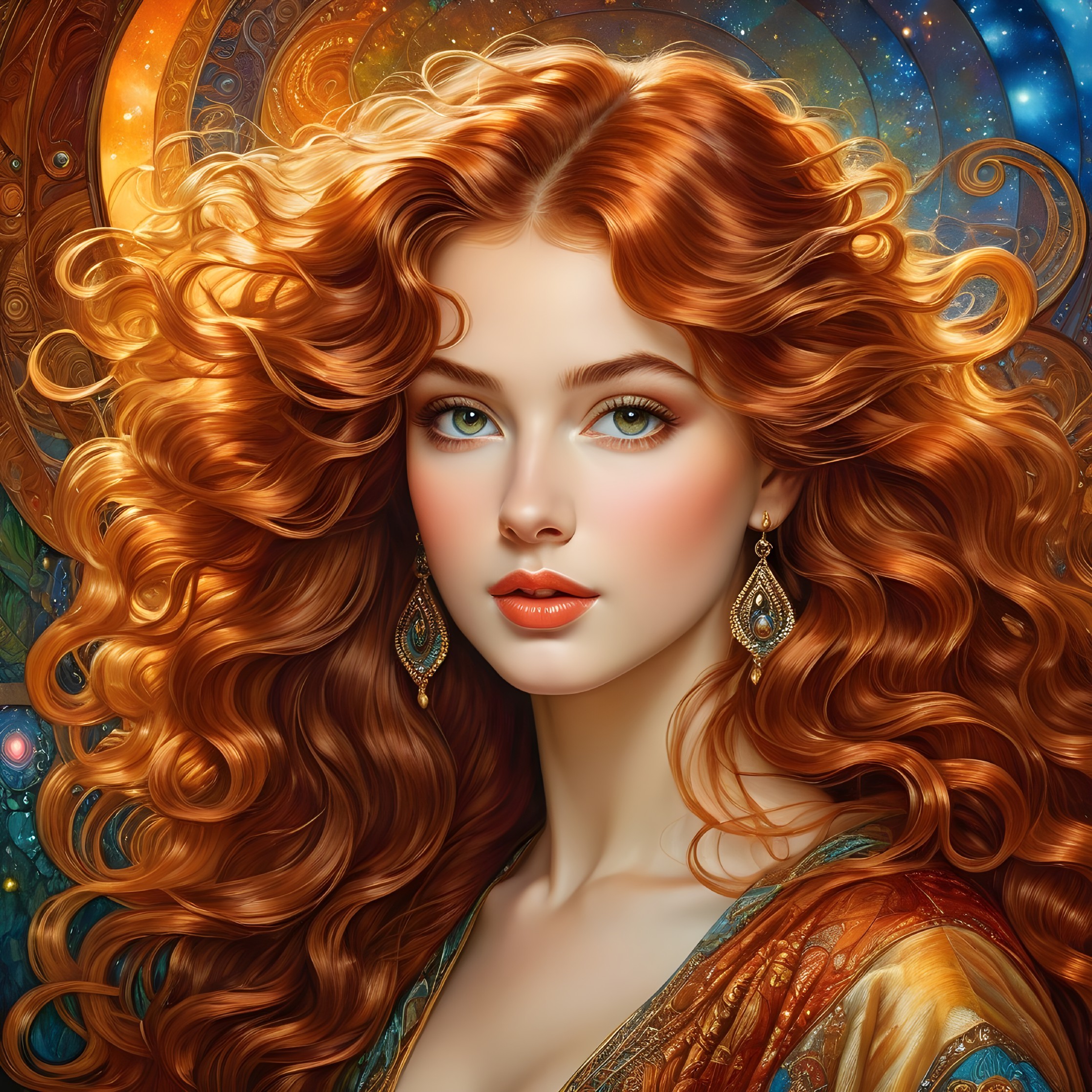 Portrait of a Young Woman with Red Curly Hair and Cosmic Background