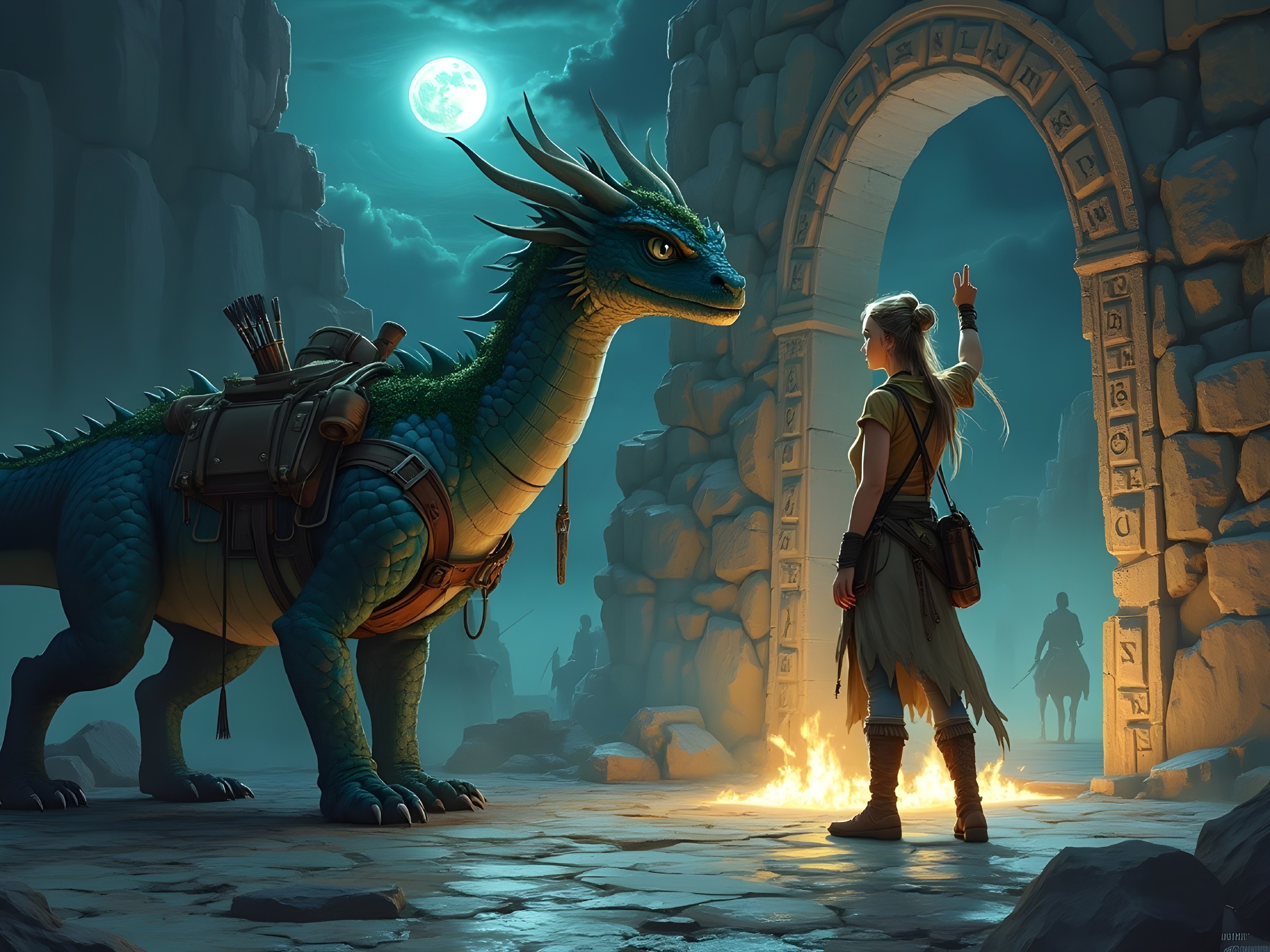 Warrior and Blue Dragon in Mystical Moonlit Ruins