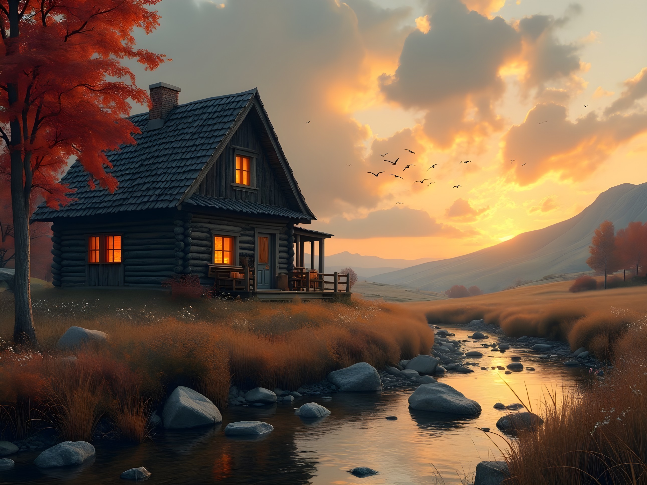 Cozy Wooden Cabin by Stream in Autumn Landscape