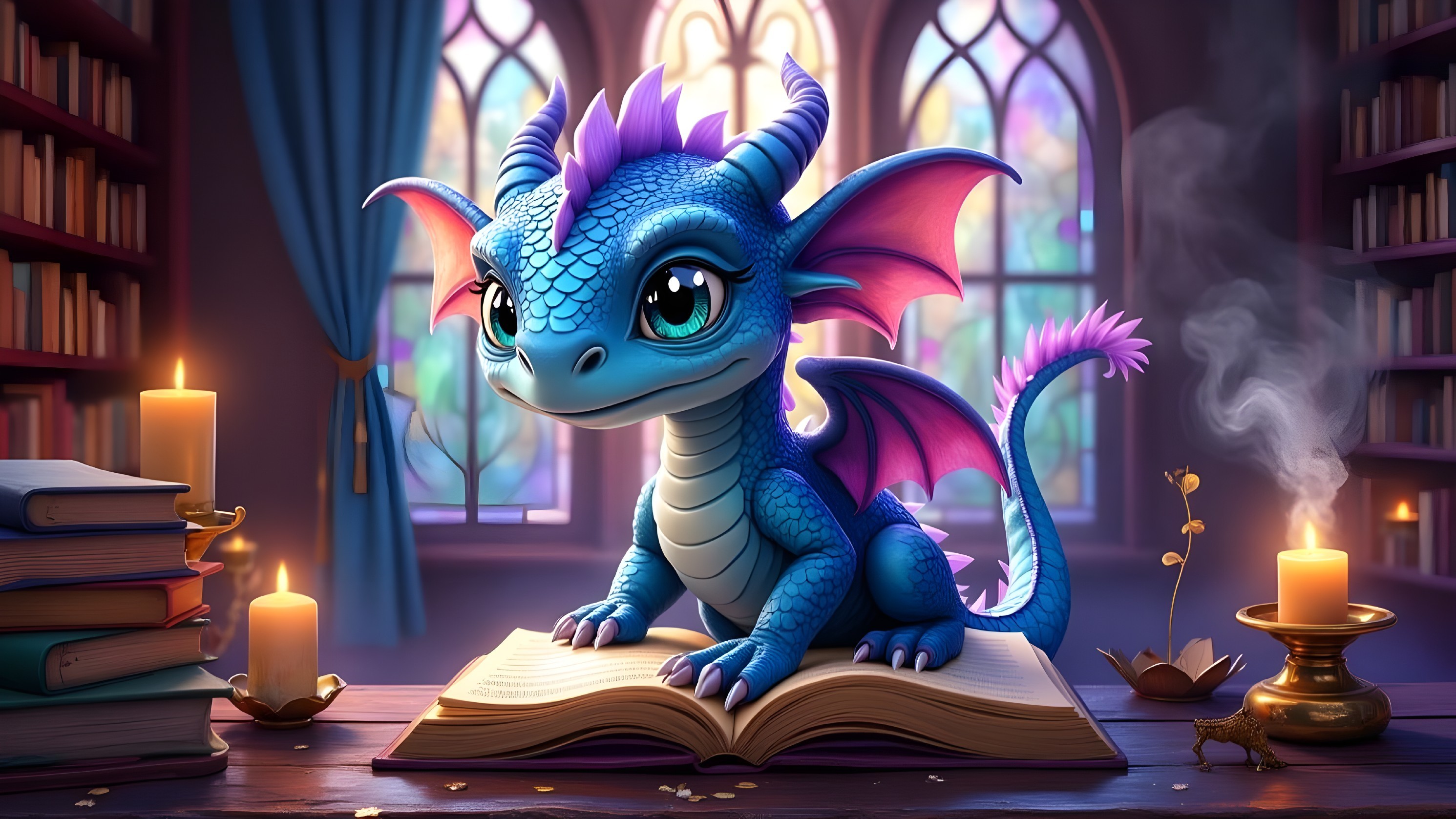 Blue Dragon on Open Book in Cozy Library Setting