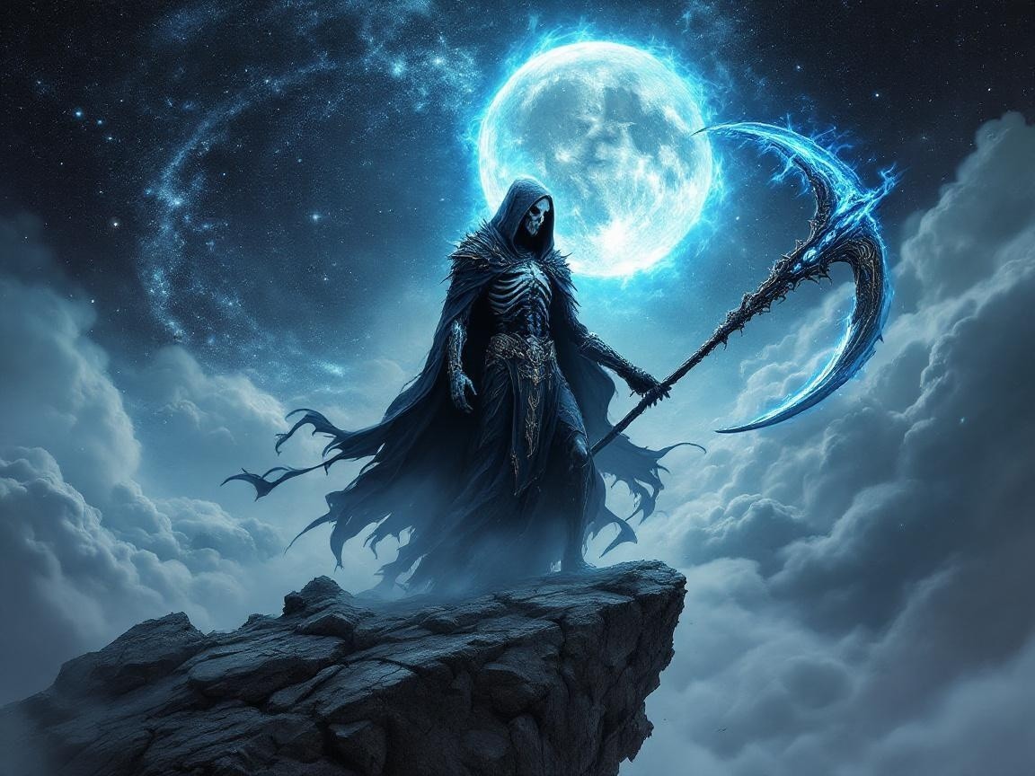 Mysterious Figure with Scythe Under Mystical Moon