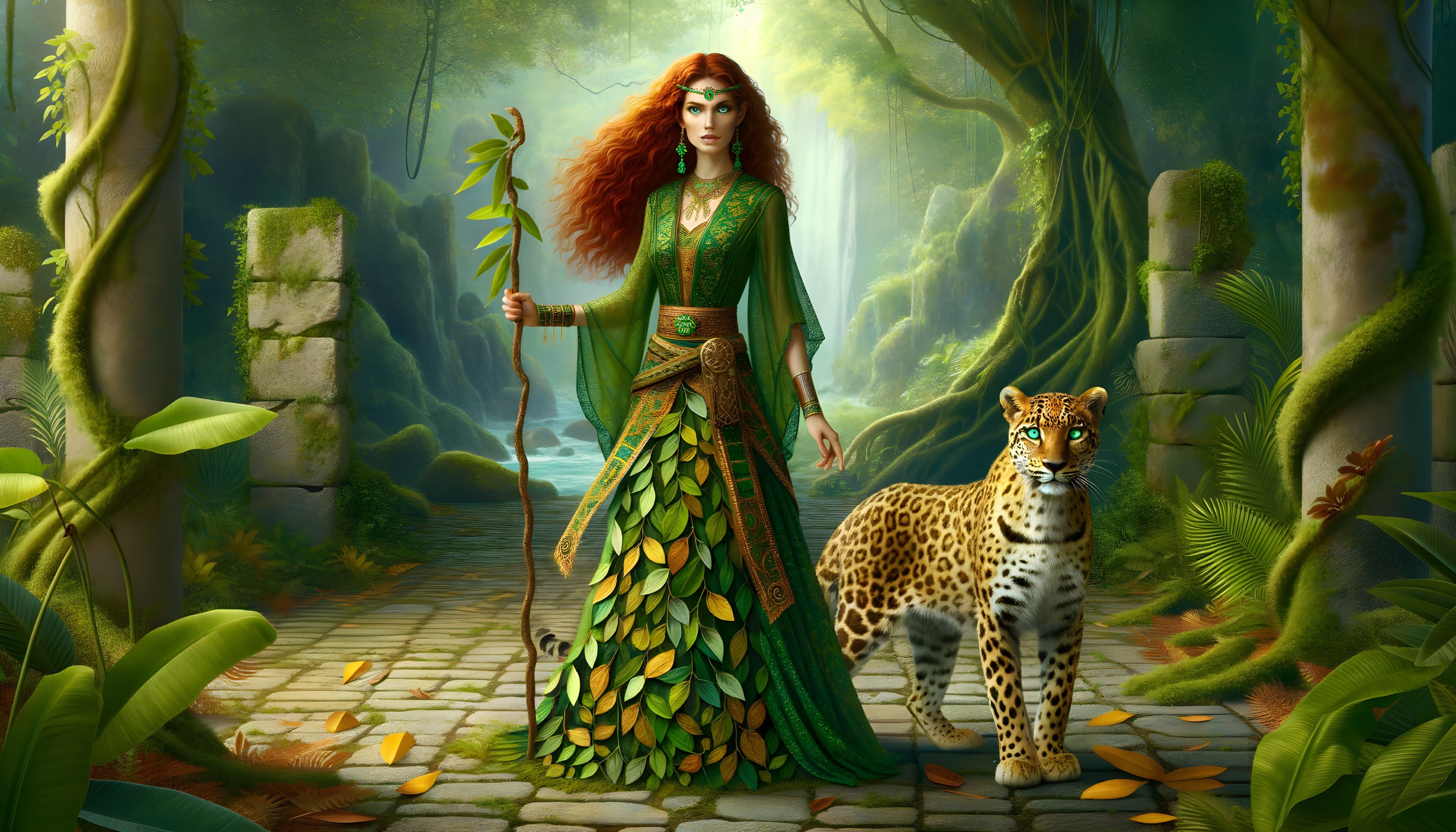 Majestic Woman in Leaf Gown in Enchanted Forest