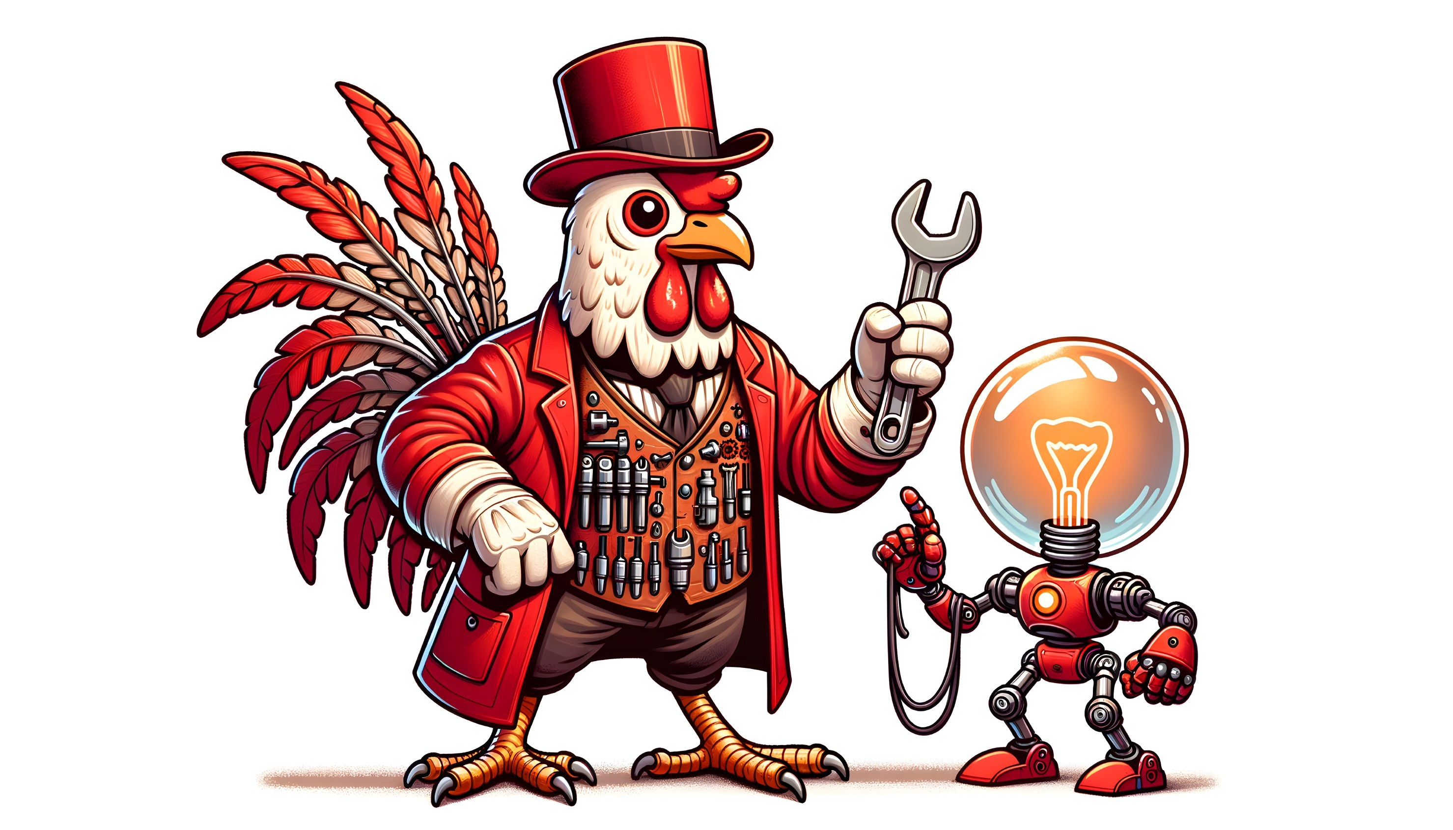 Mechanic Rooster with Top Hat and Wrench Beside Robot with Light Bulb Head