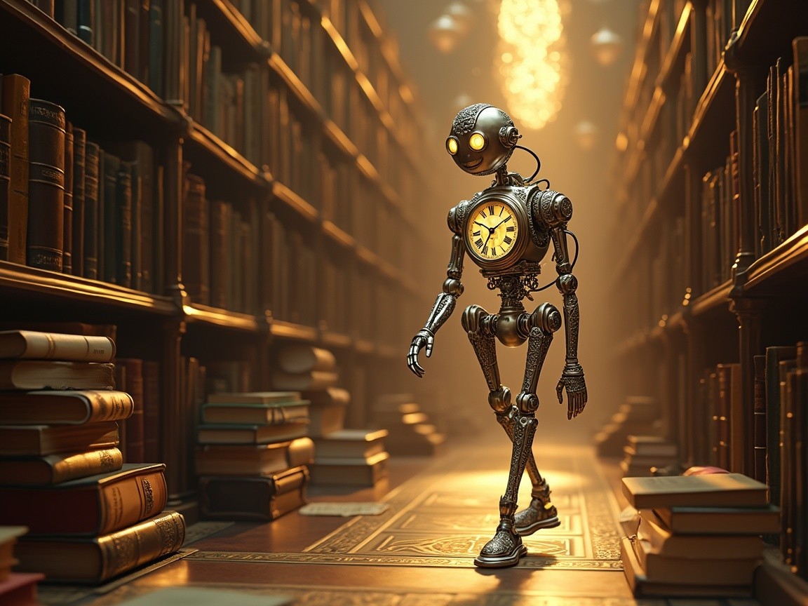 Steampunk Robot in an Ancient Library Setting