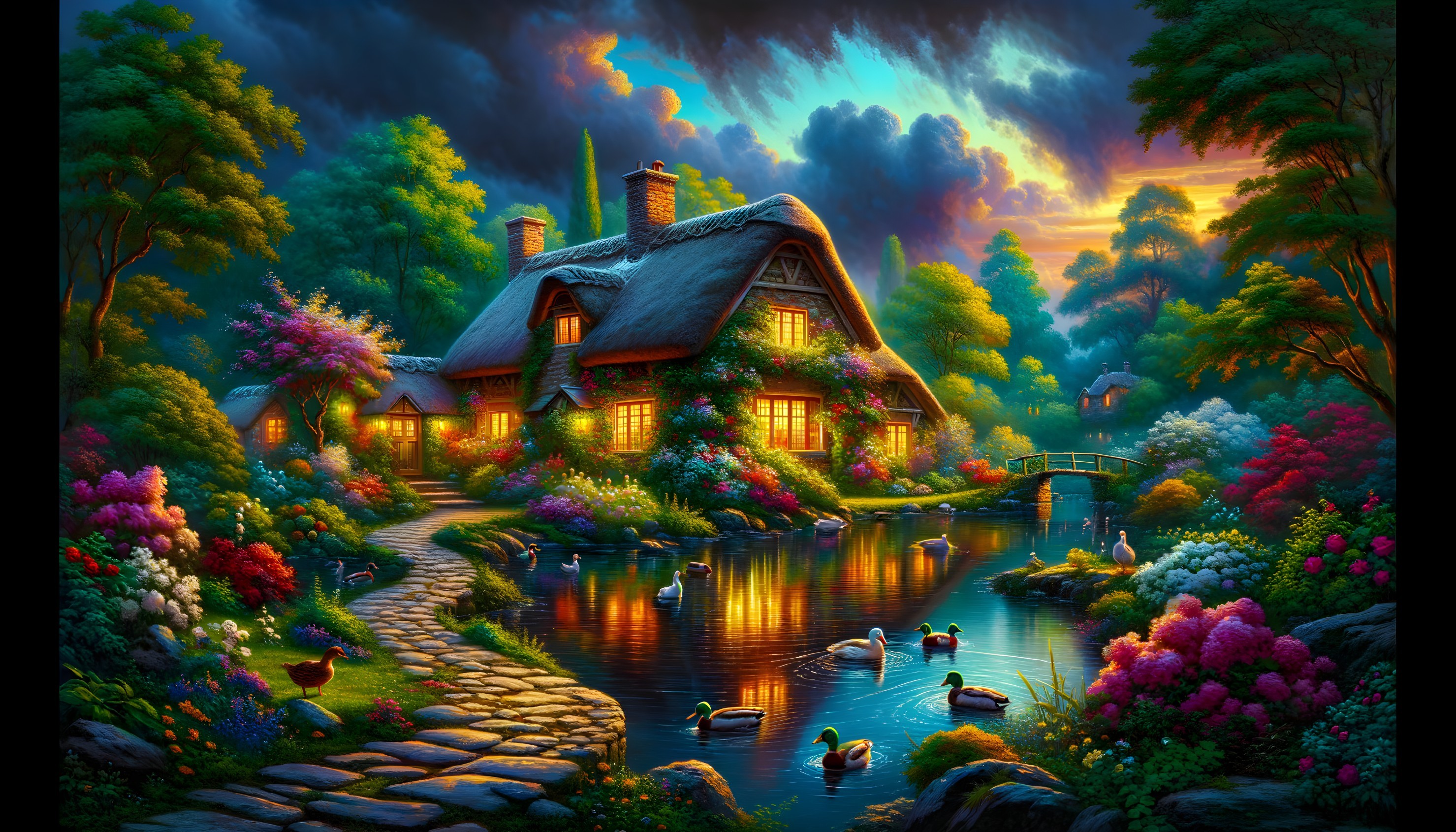 Charming Cottage by Serene Pond with Vibrant Flowers