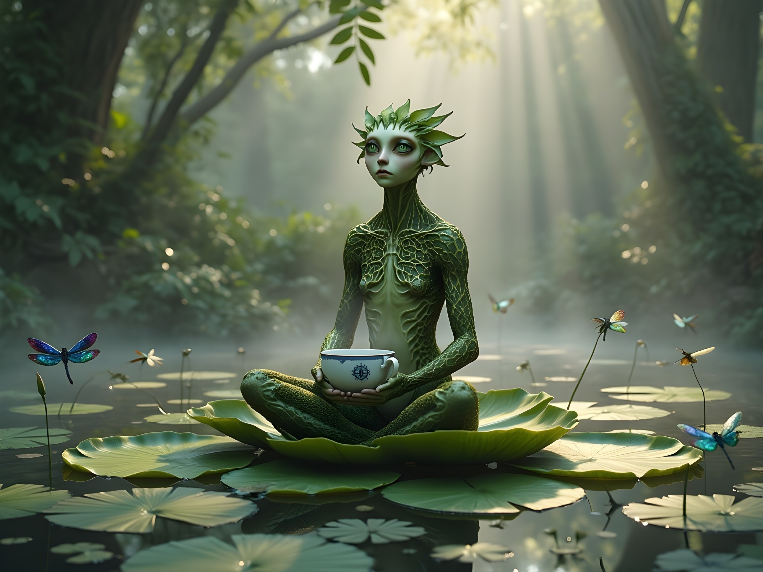 Humanoid Figure with Plant Features in Forest Glade