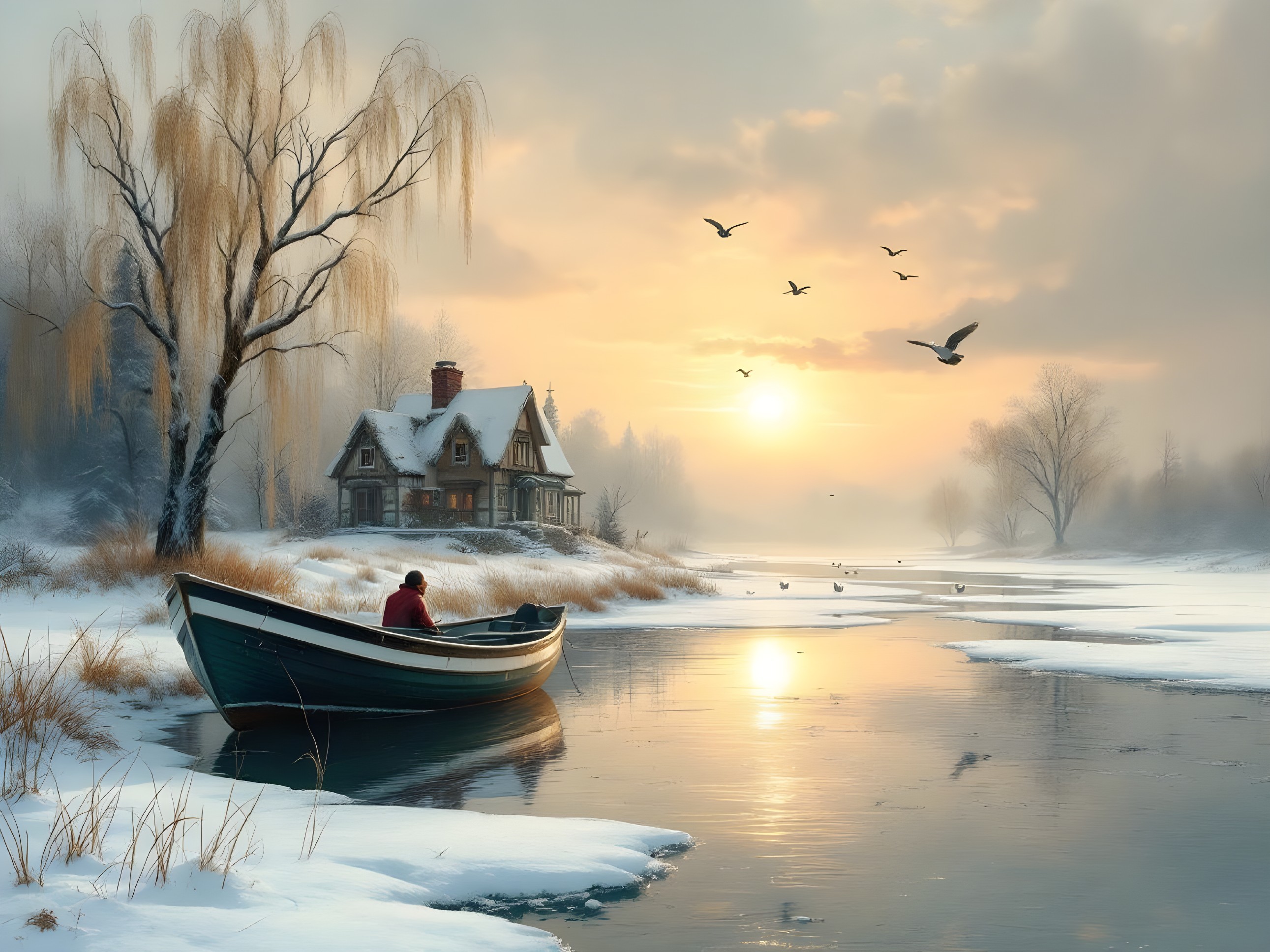 Serene Winter Scene with Boat on Frozen River