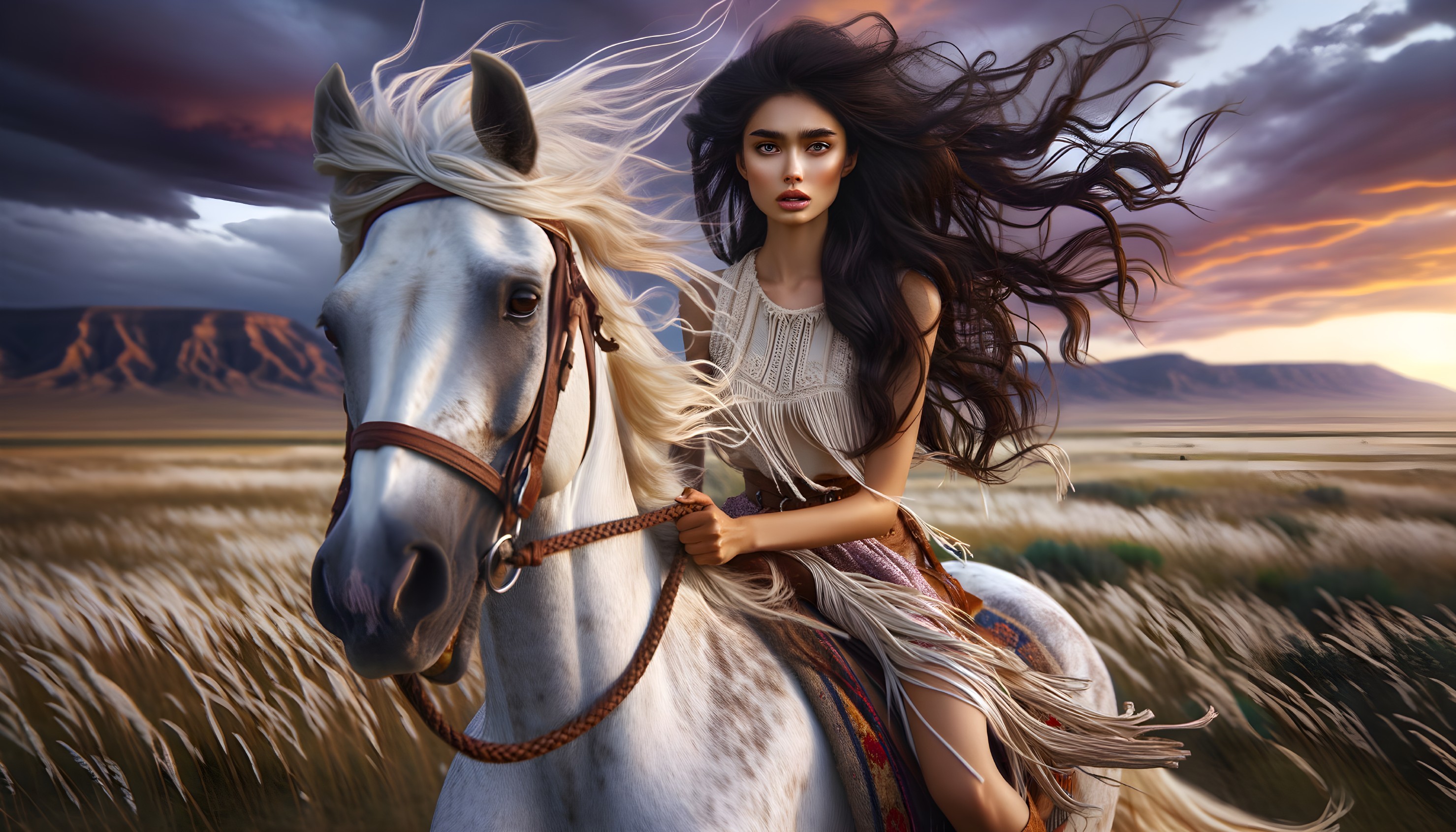Young woman on white horse in golden grassland