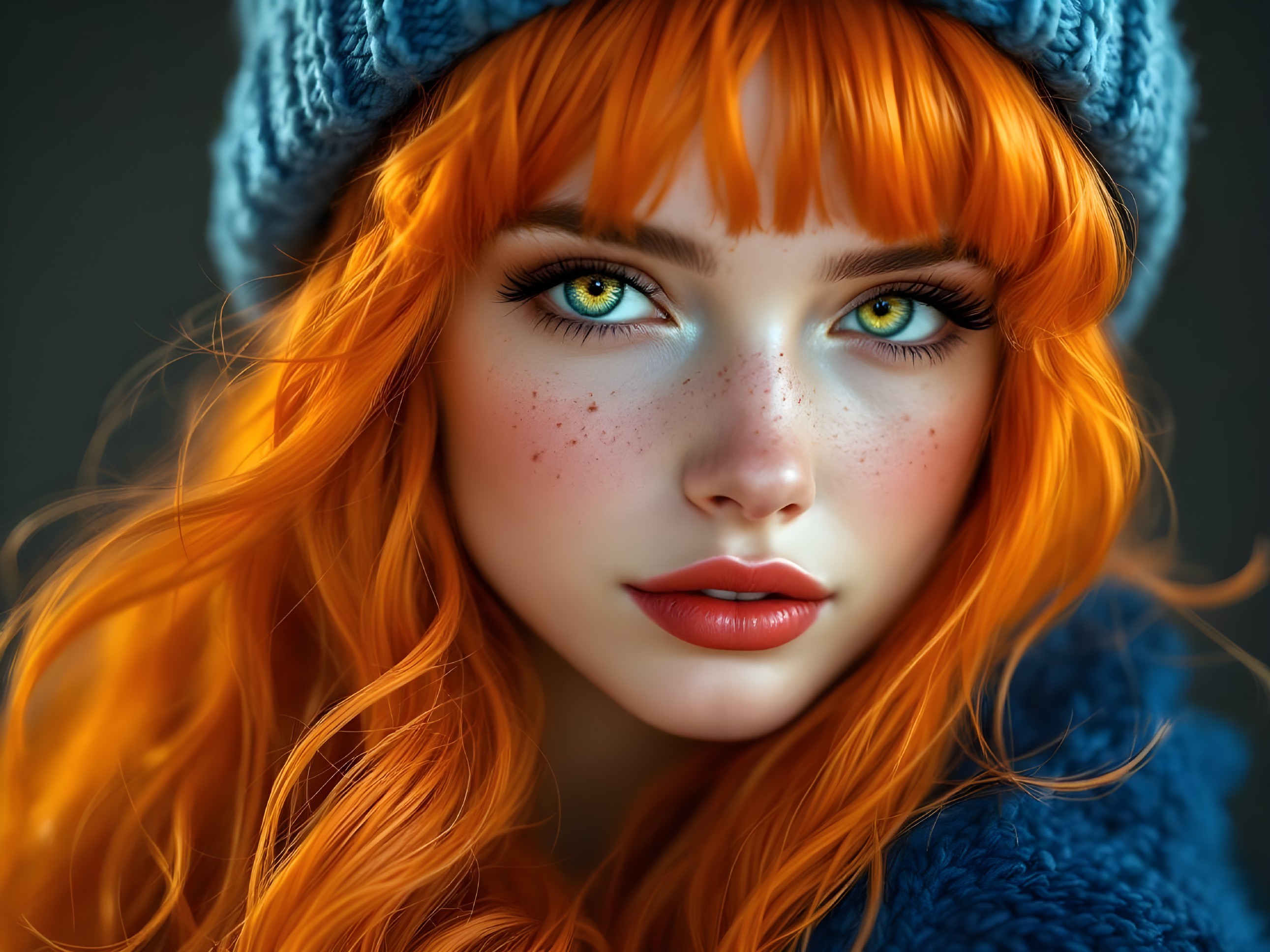 Young woman with orange hair and green eyes in sweater