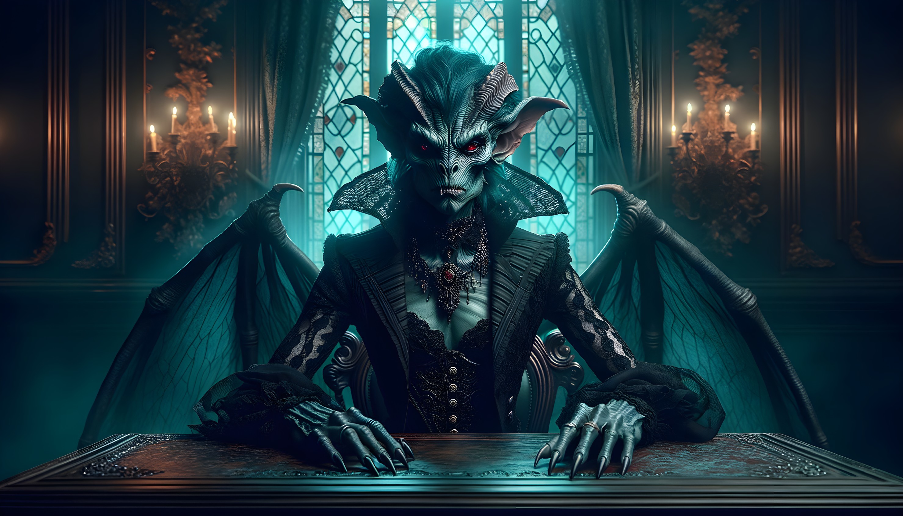 Sinister creature in an opulent, dimly lit room