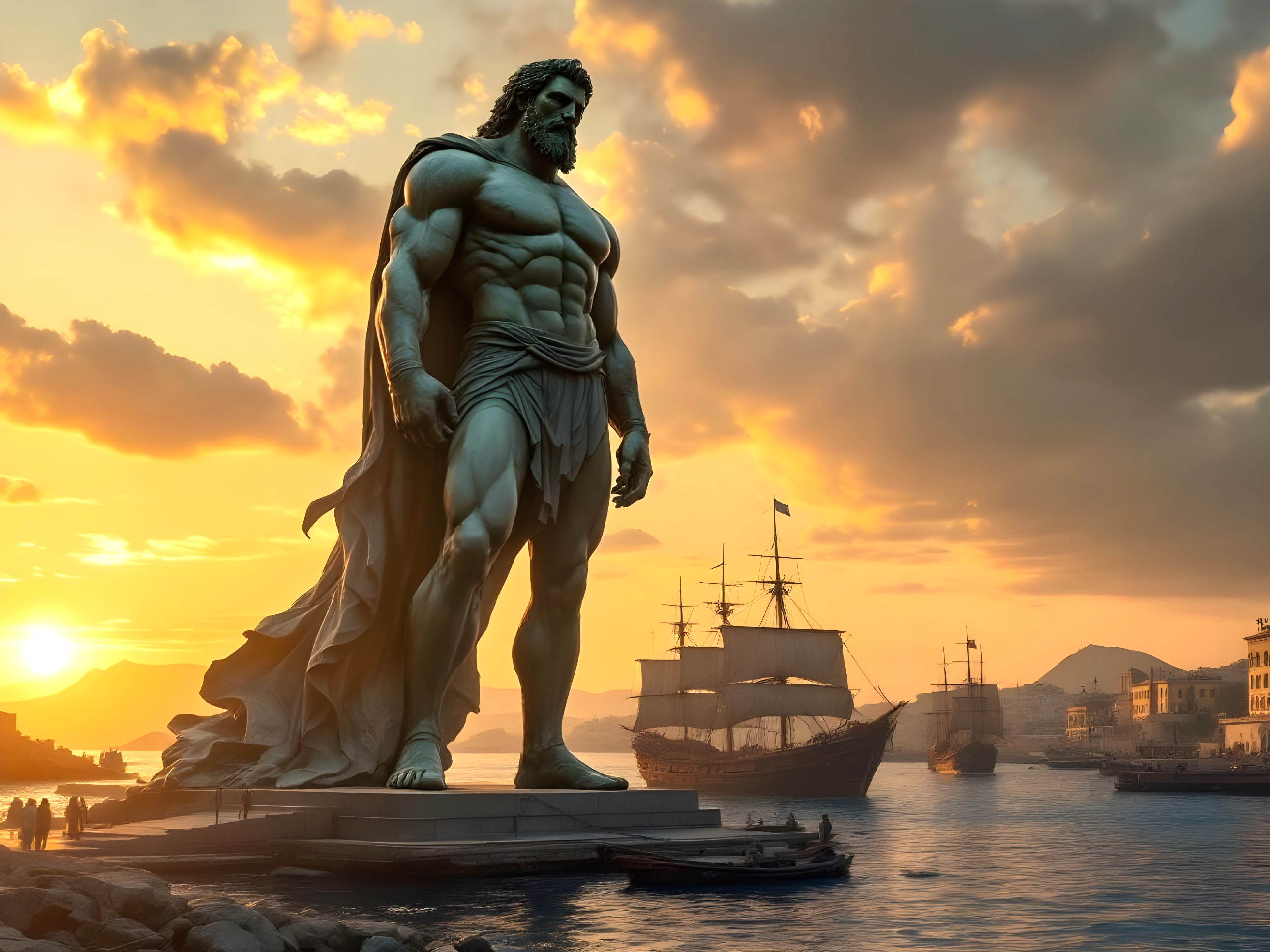 Colossal statue by water at sunset with vintage ship