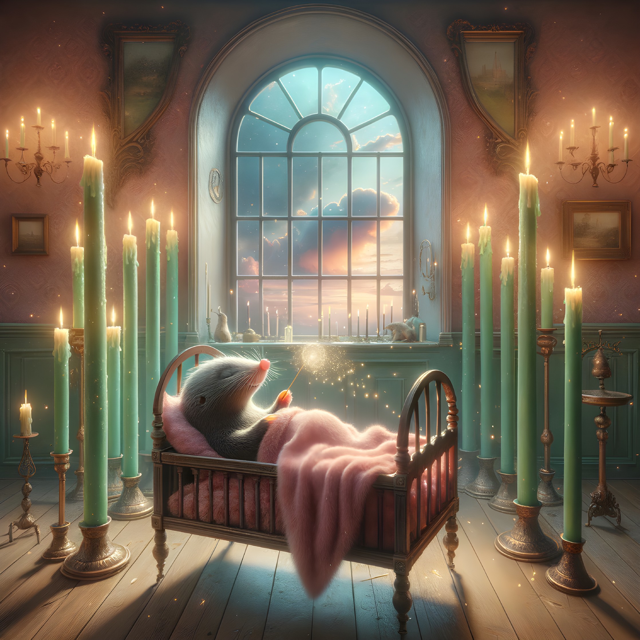 Cozy room with a pink blanket and sunset view