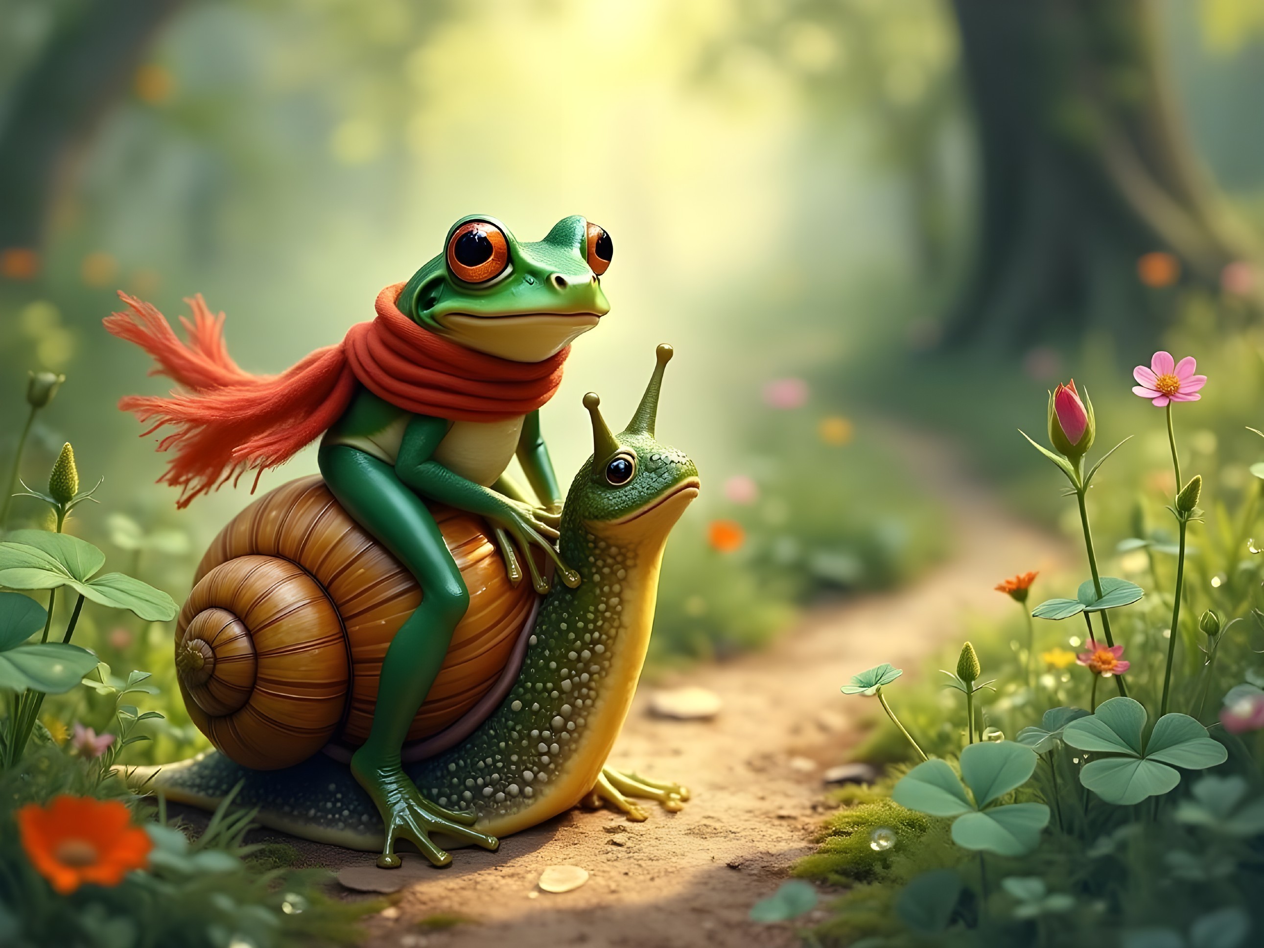 Cheerful Frog on Snail in Whimsical Forest Clearing