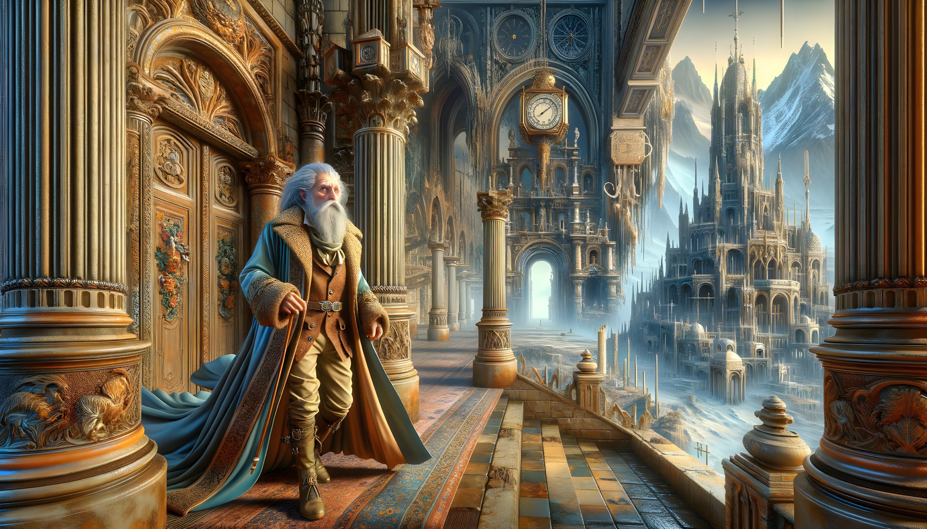 Bearded fantasy wizard in grand gothic hallway with snowy mountain view