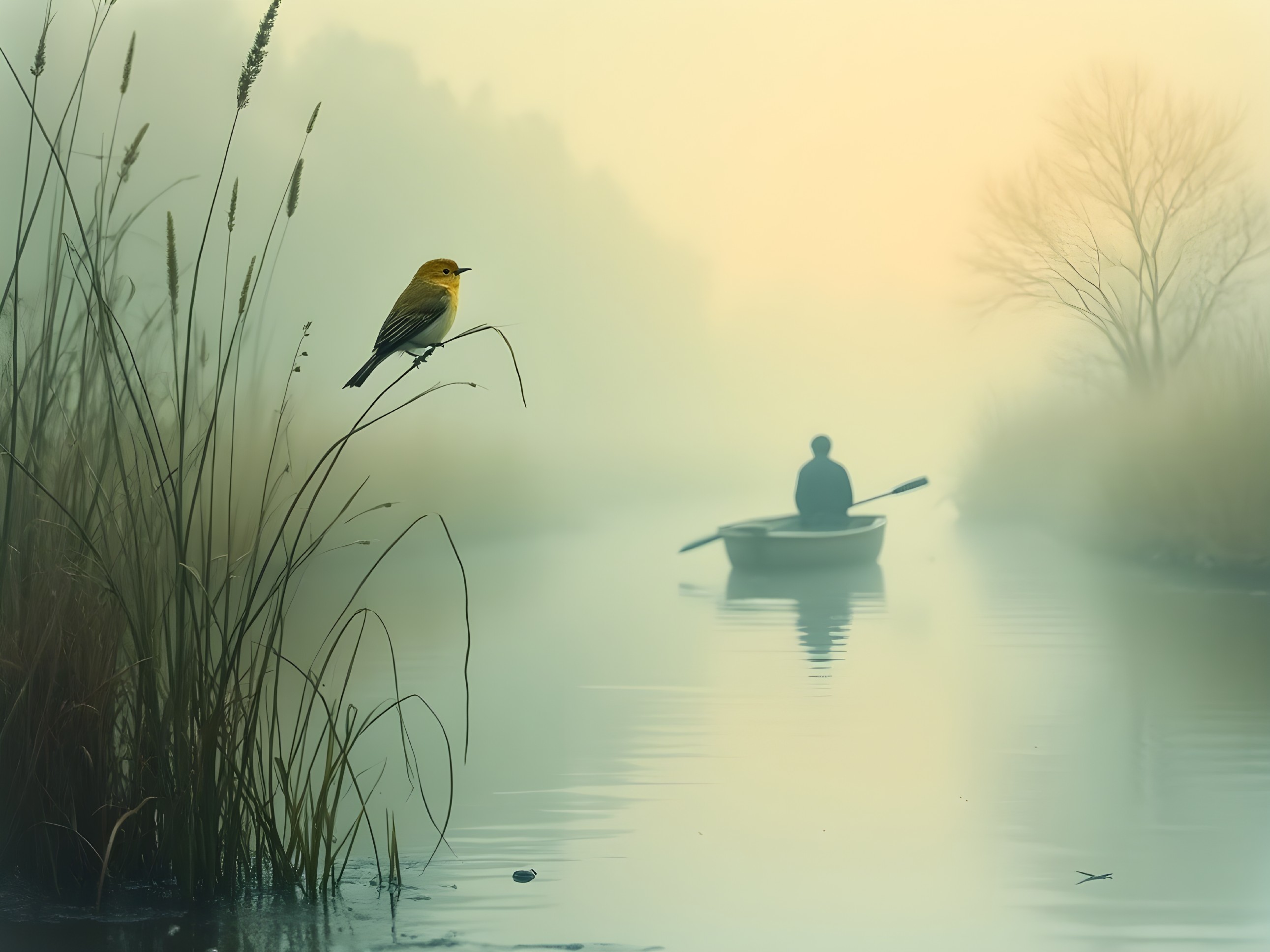 Serene Landscape with Boat and Singing Yellow Bird