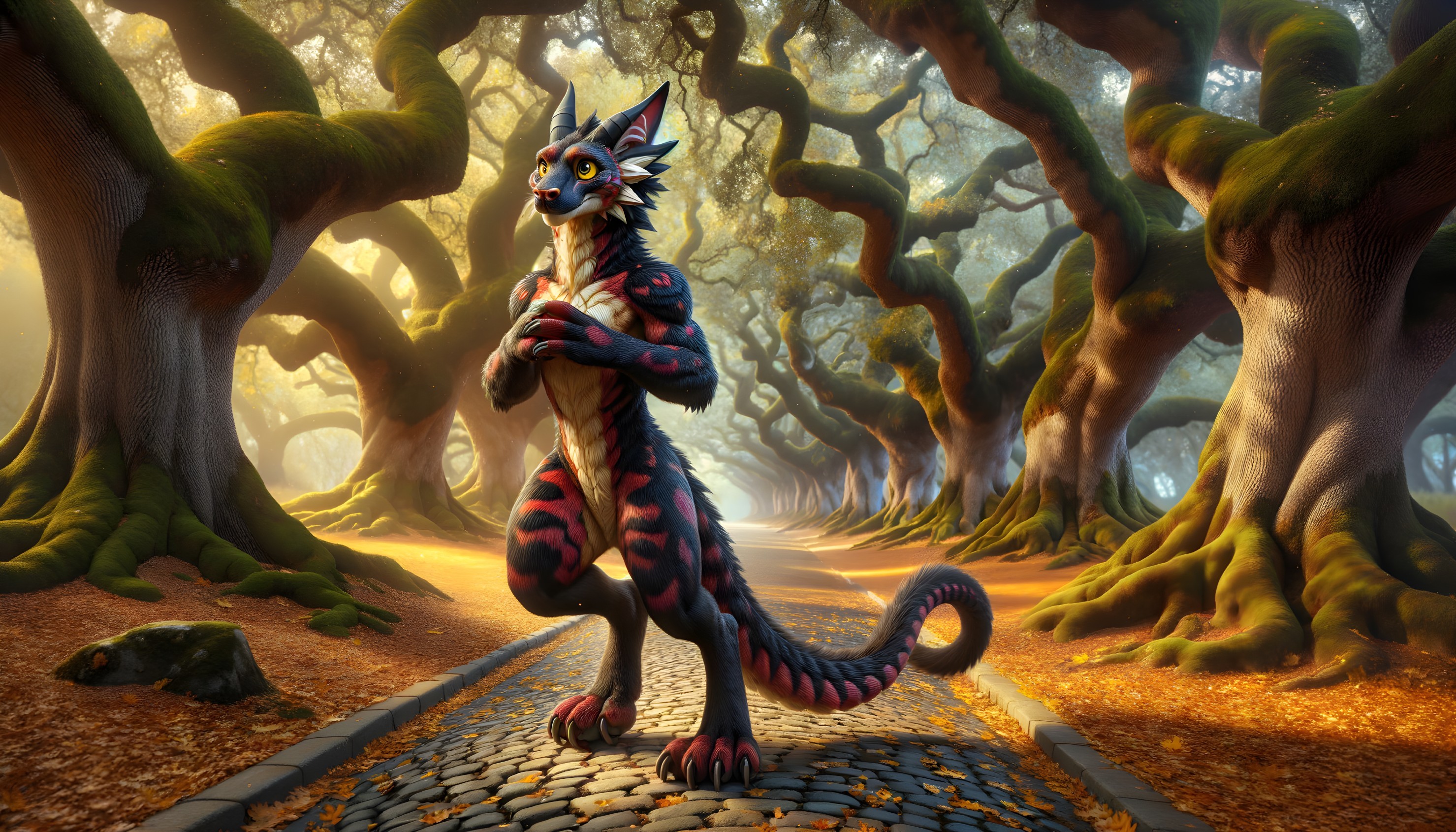 Vibrant anthropomorphic creature on cobblestone path