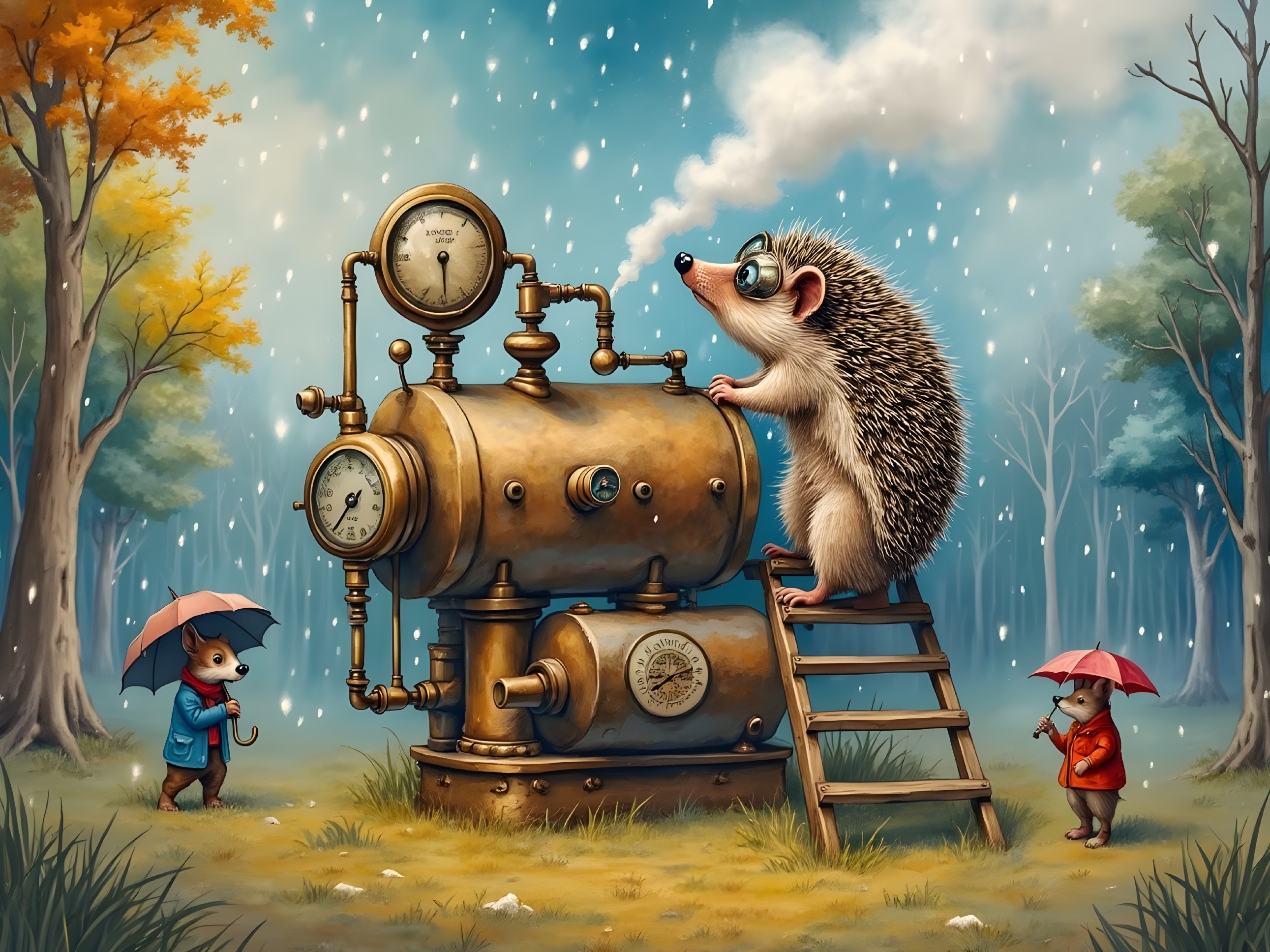 Hedgehog with Glasses Operates Steam Machine in Forest
