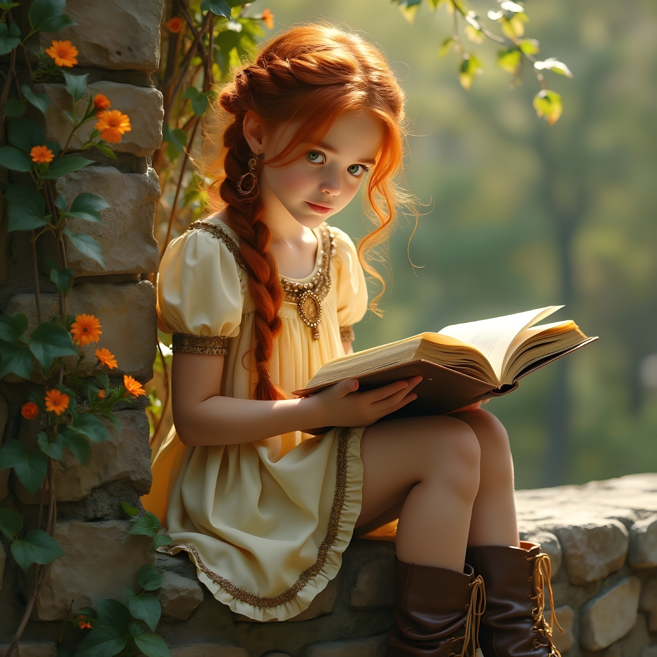 Young girl with red hair reading on stone ledge