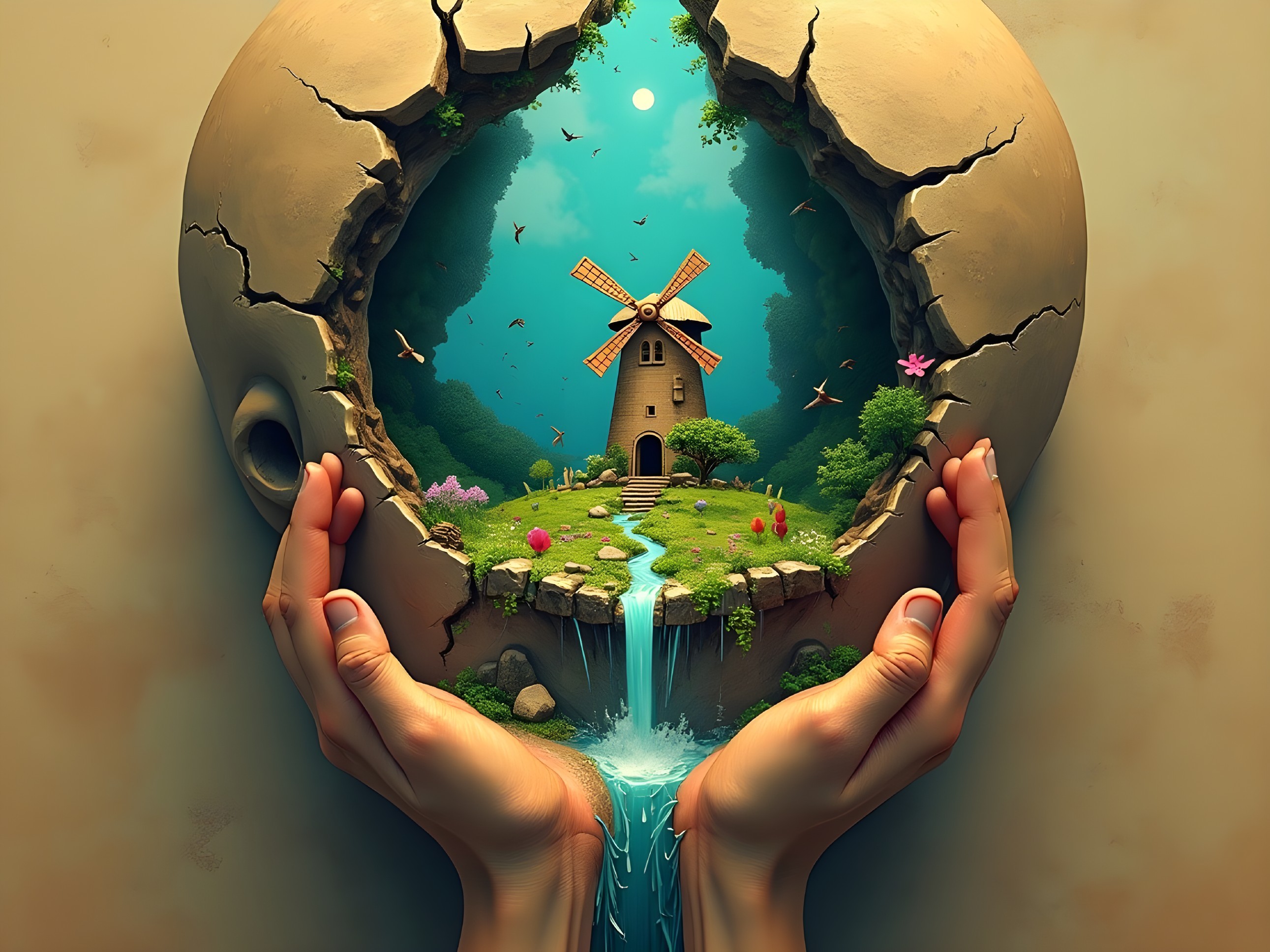 Fantastical Landscape Held in Hands with Nature Elements