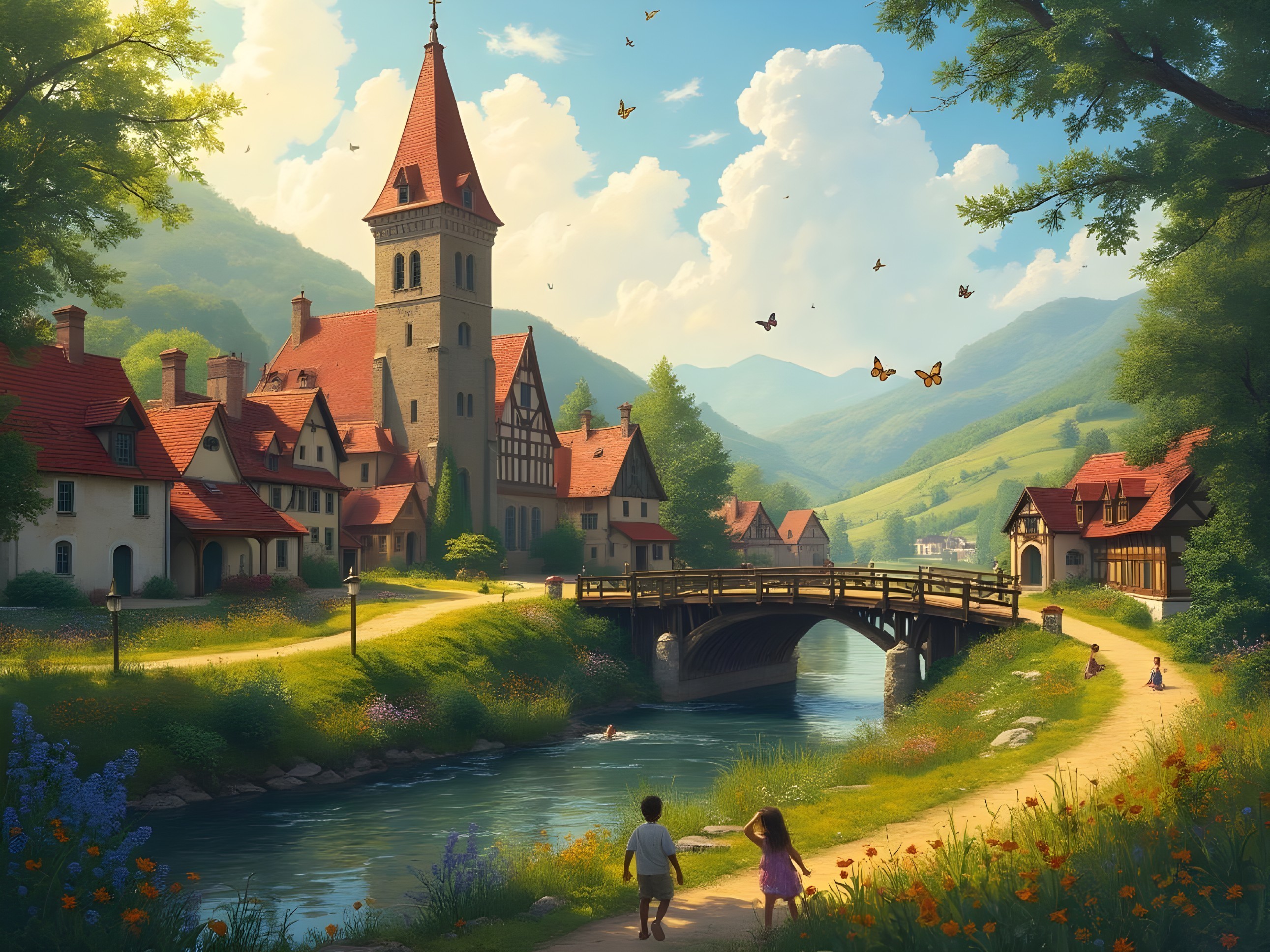 Picturesque Village Scene with River and Clock Tower