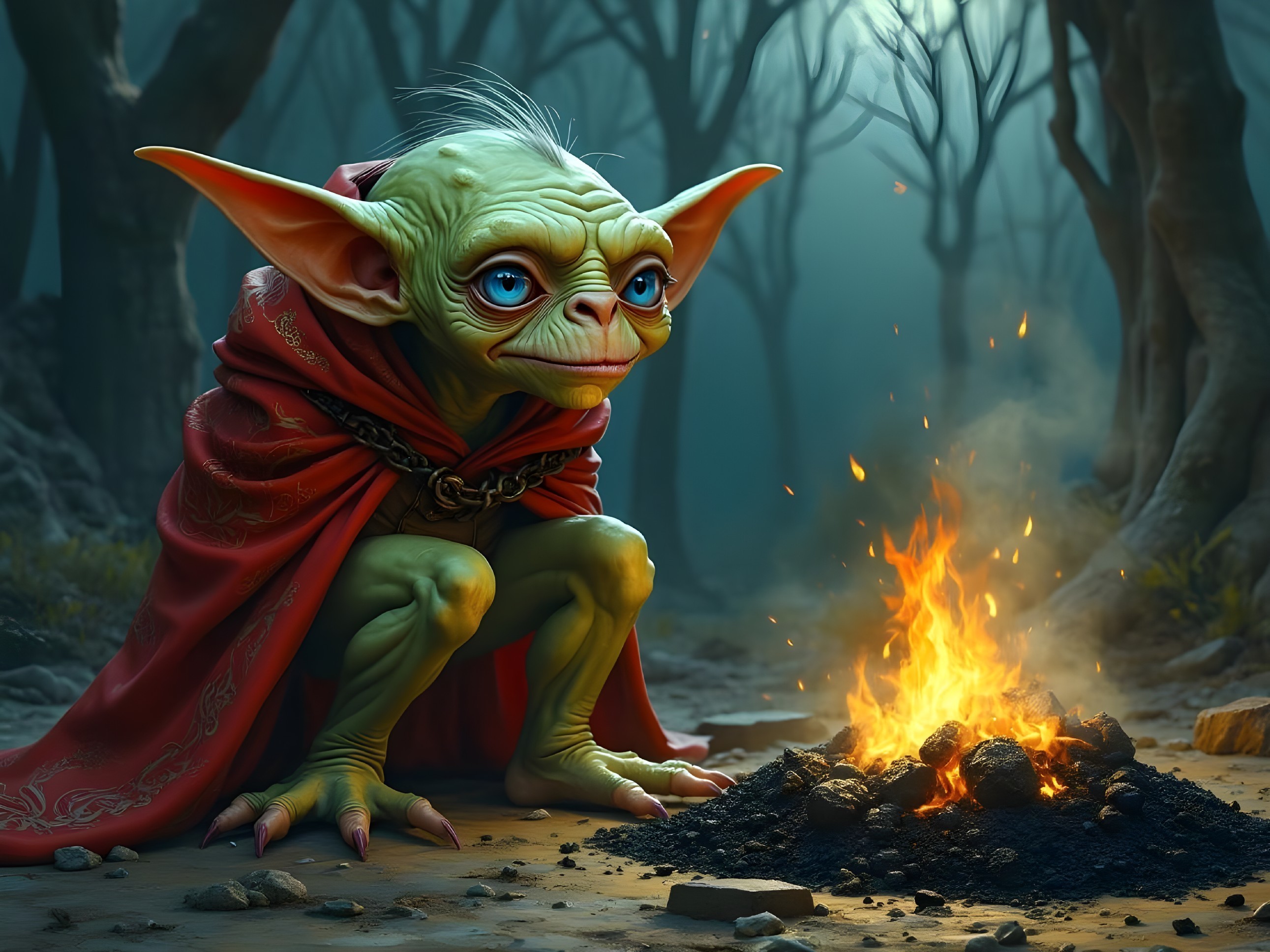 Mystical Forest Creature by Campfire with Red Cloak