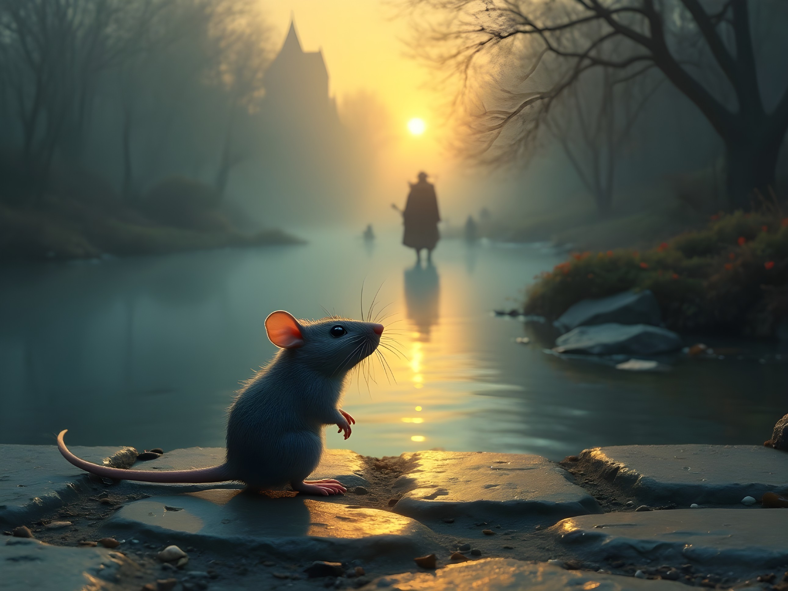 Gray Mouse on Stone Path by Misty Sunset River