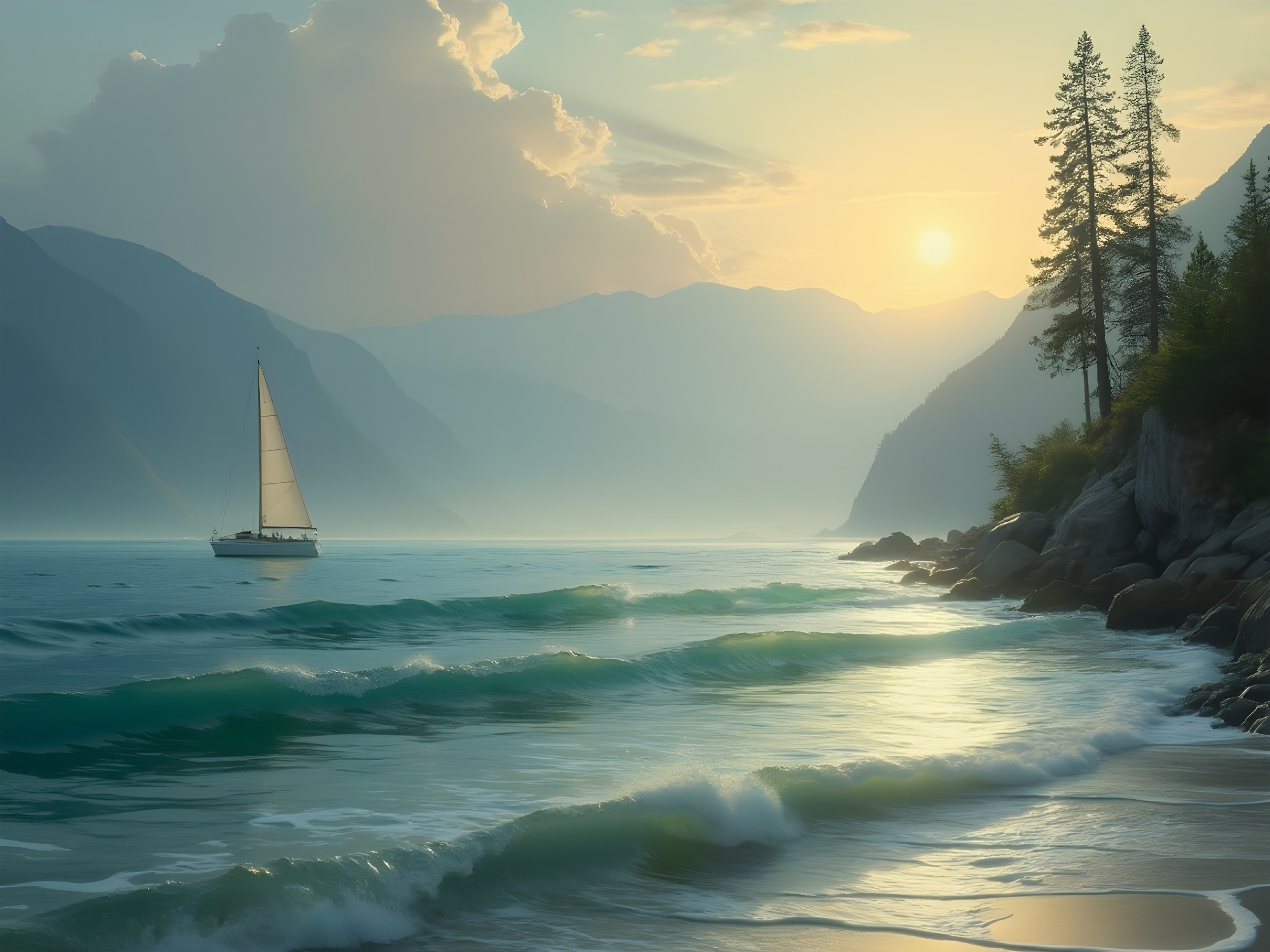 Serene Seascape at Dusk with Sailboat and Mountains