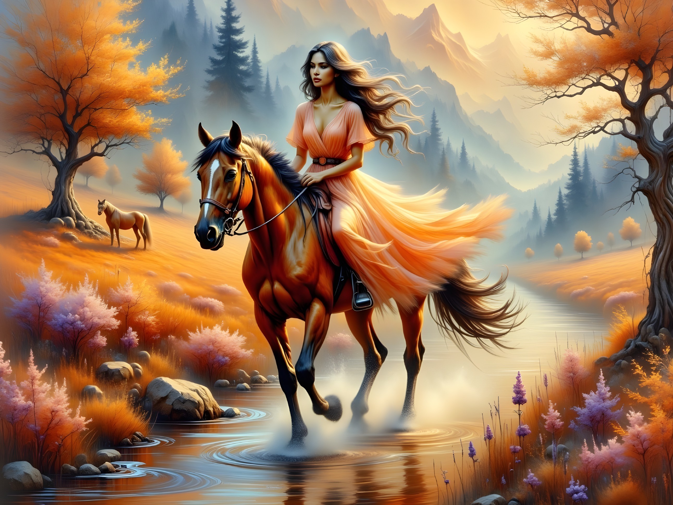 Woman in Orange Dress Riding Horse in Autumn Landscape