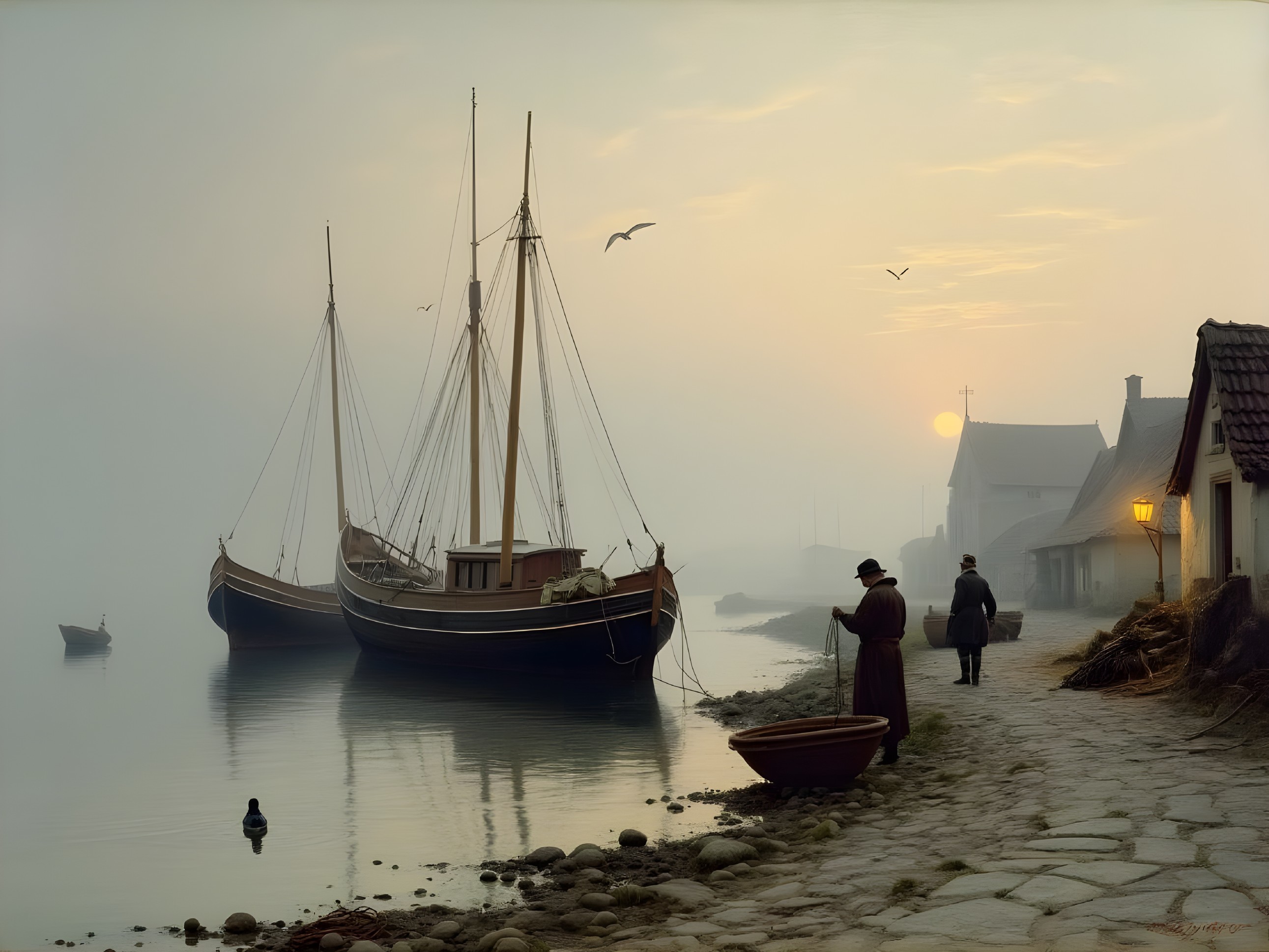 Serene Waterfront Scene at Dawn with Boats and Mist