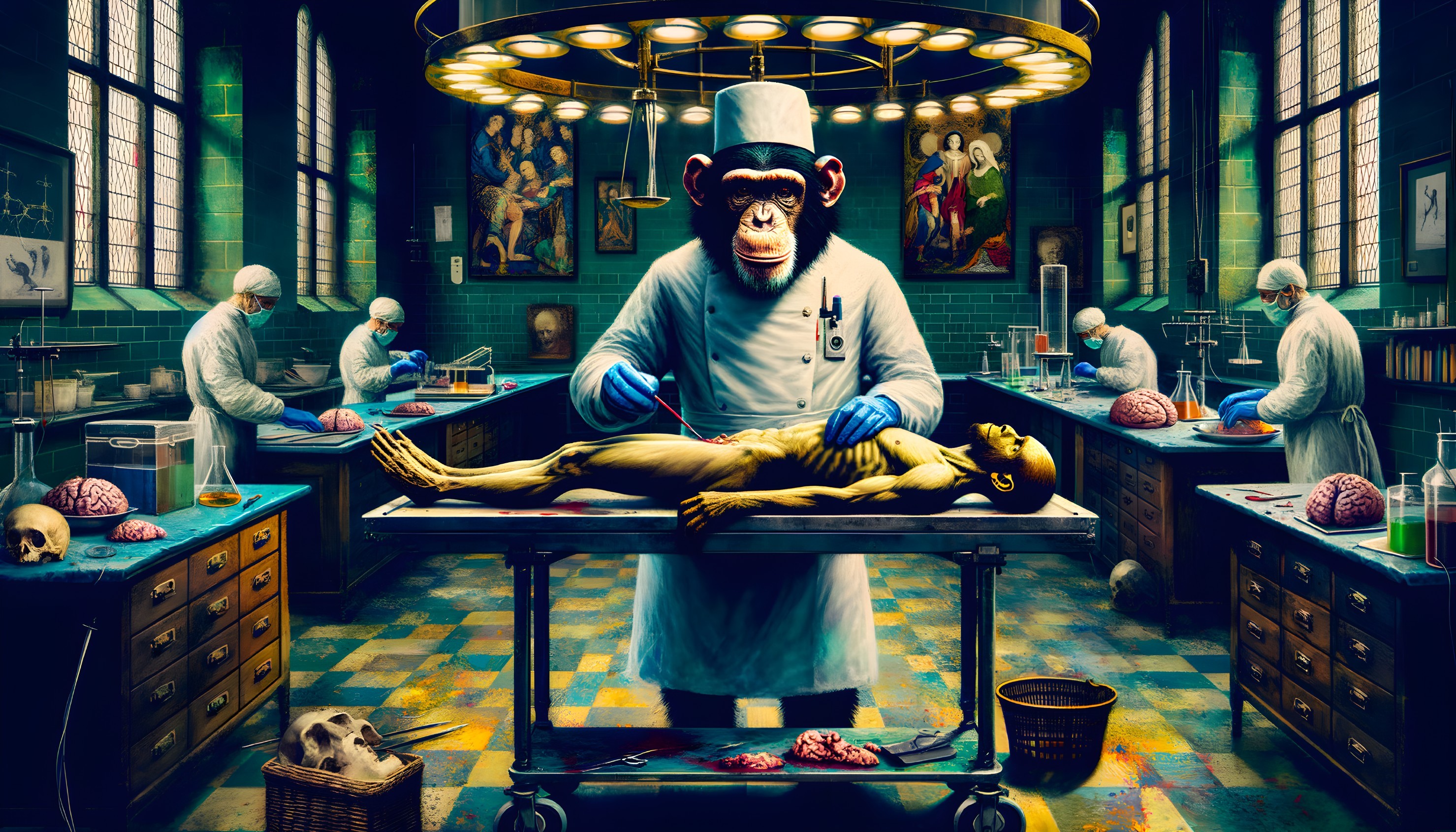 Gothic Laboratory with Monkey Surgeon and Scientists