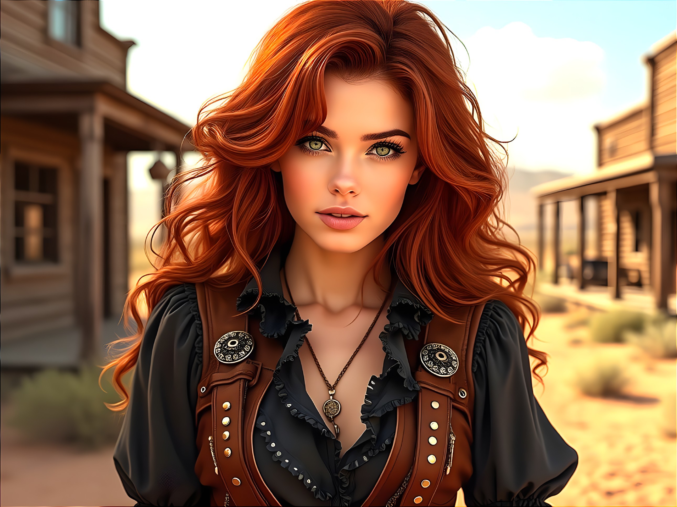 Woman with Red Hair in Dusty Western Town