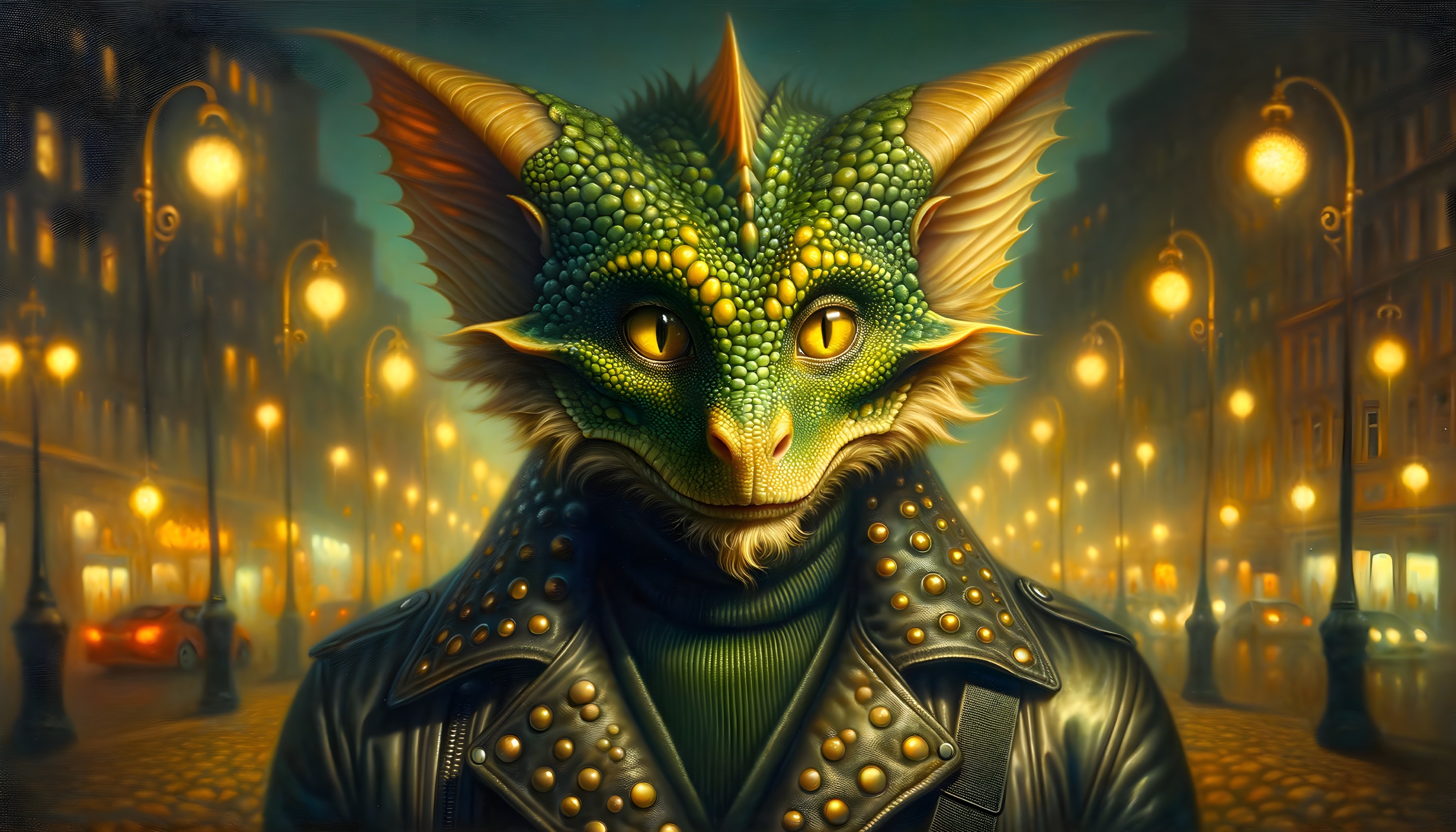 Humanoid Dragon with Green Scales on Night Street