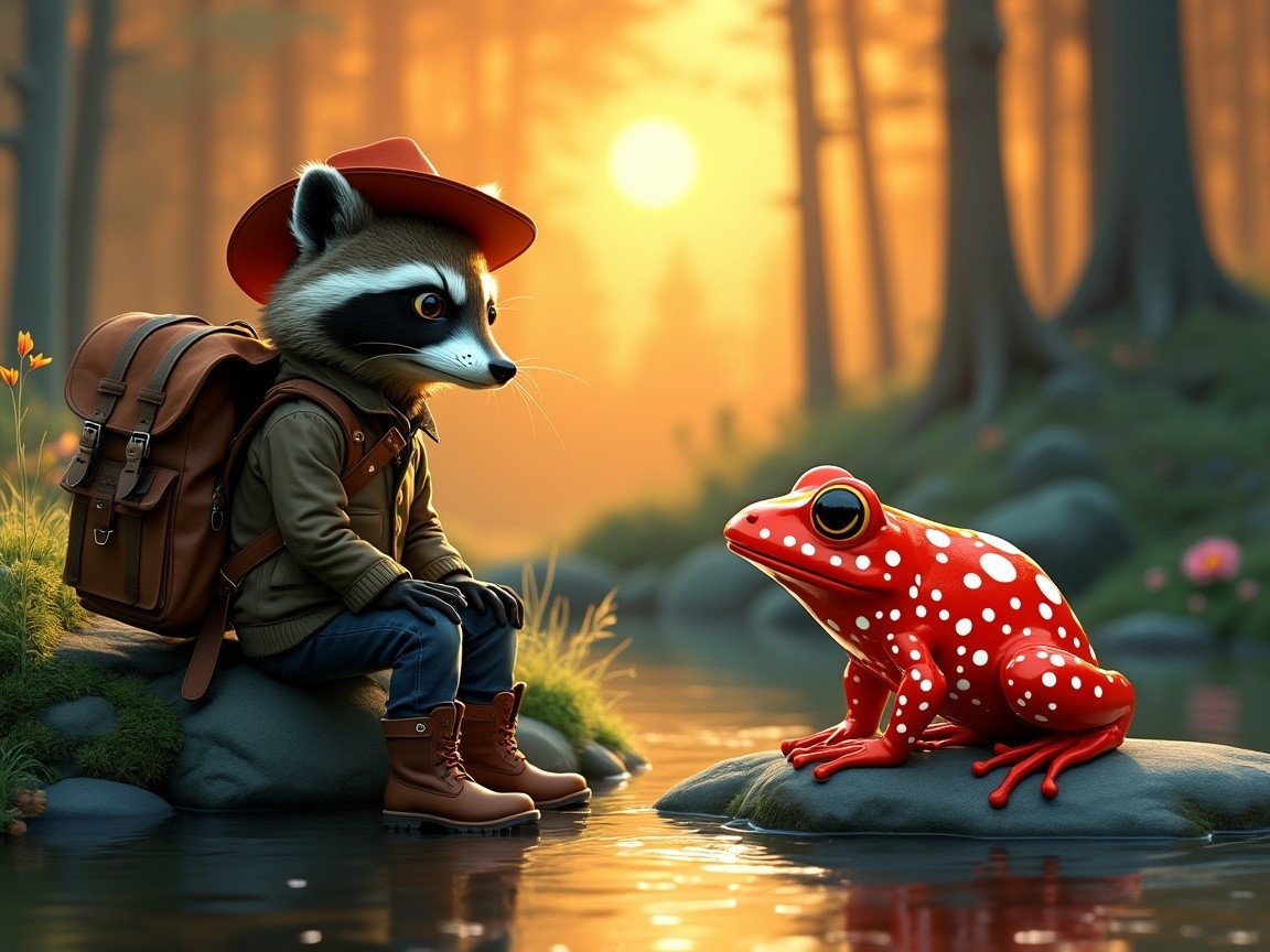 Raccoon and Frog in a Serene Sunset Forest Scene