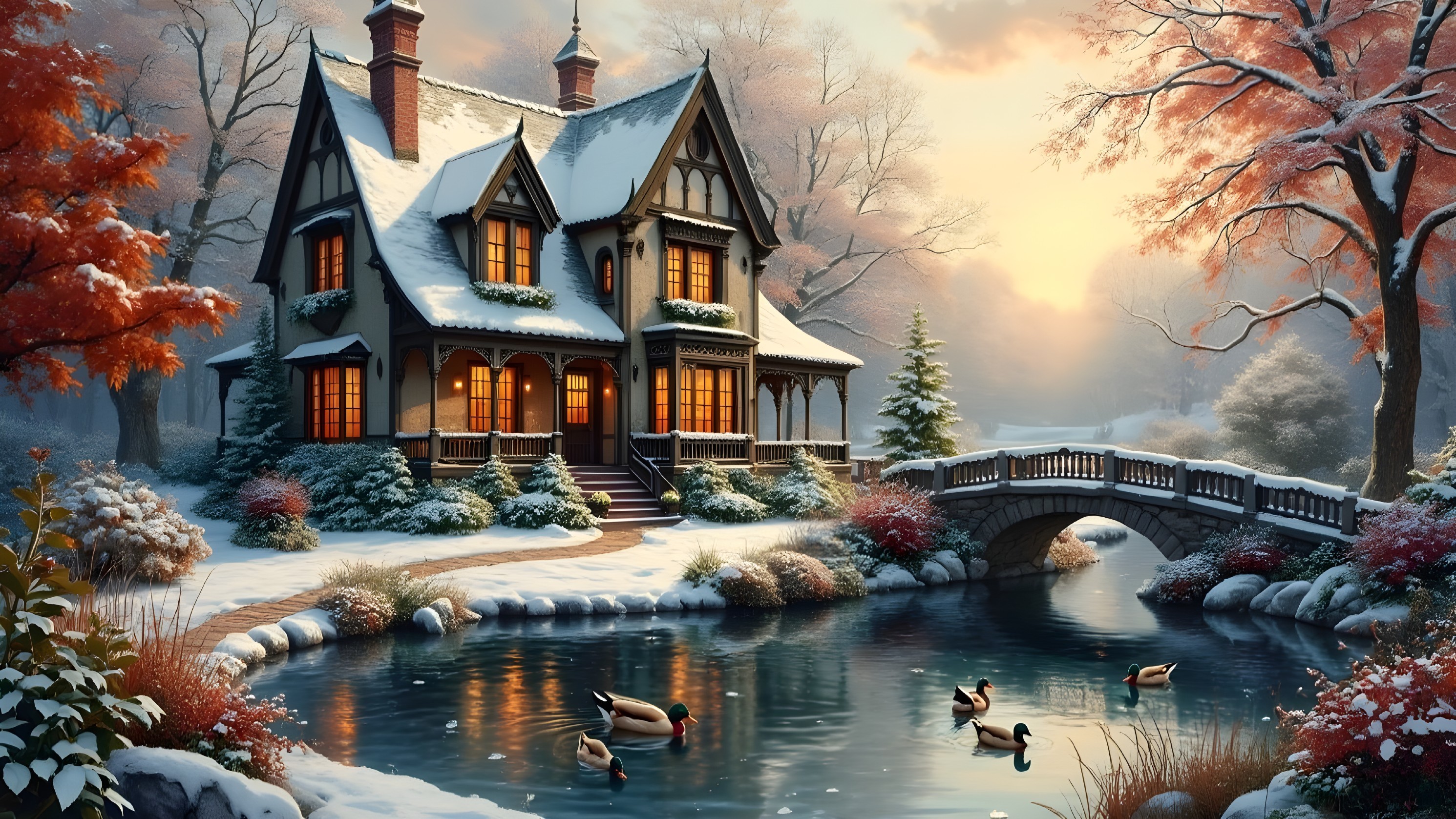 Victorian House in Winter with Snowy Landscape and Pond