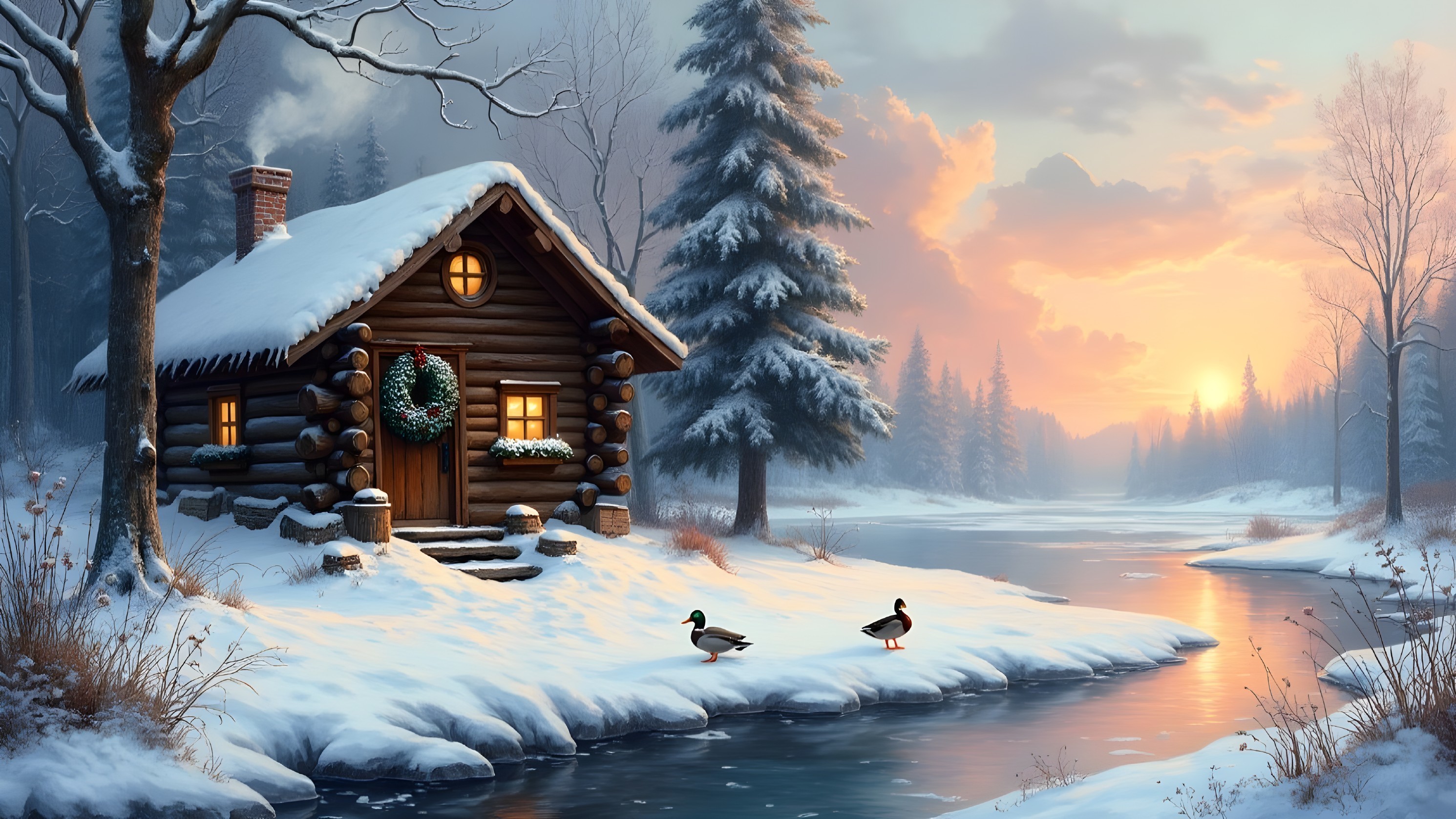 Cozy wooden cabin in serene winter landscape