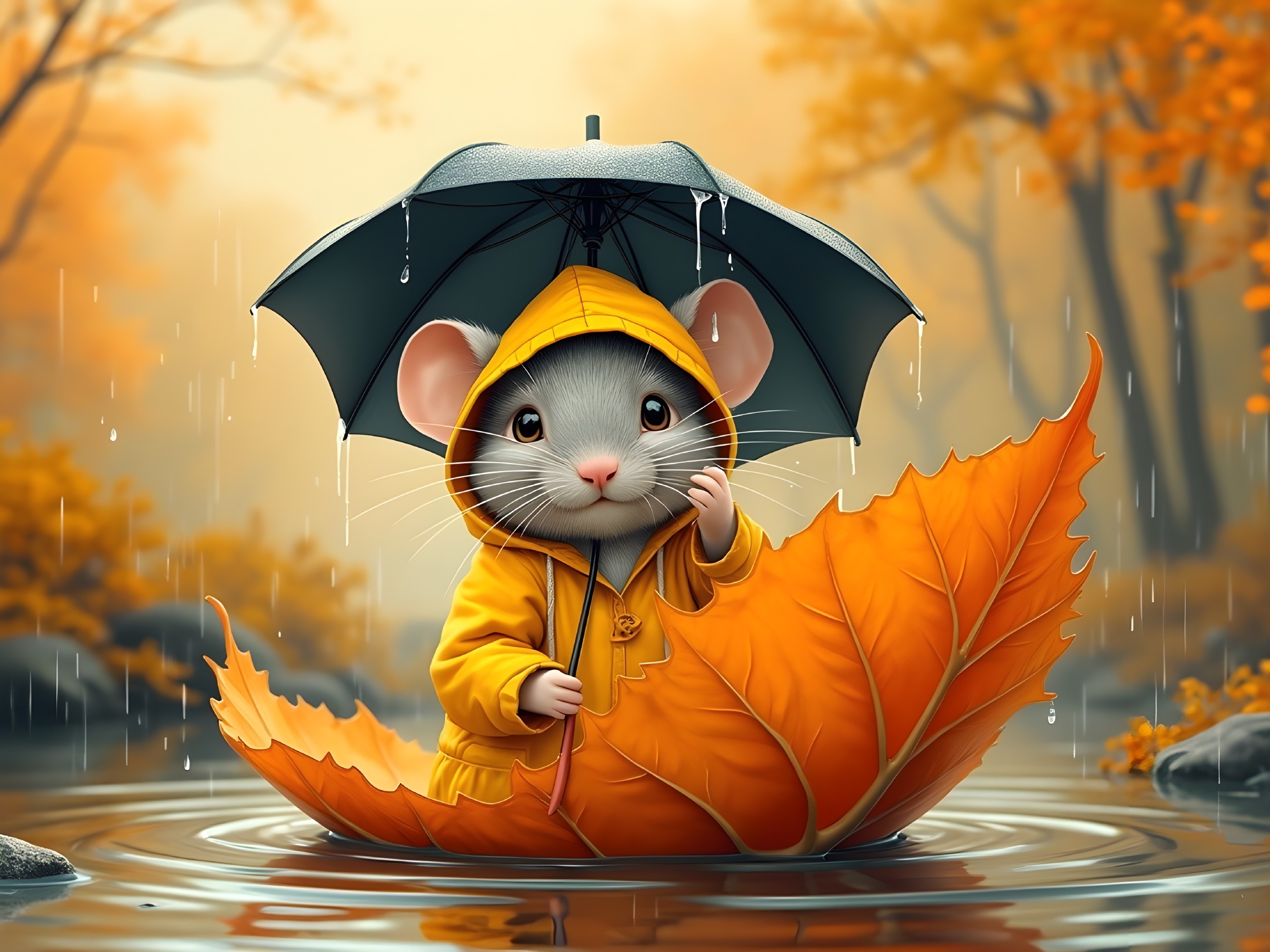 Cartoon Mouse in Raincoat on Leaf in Autumn Pond