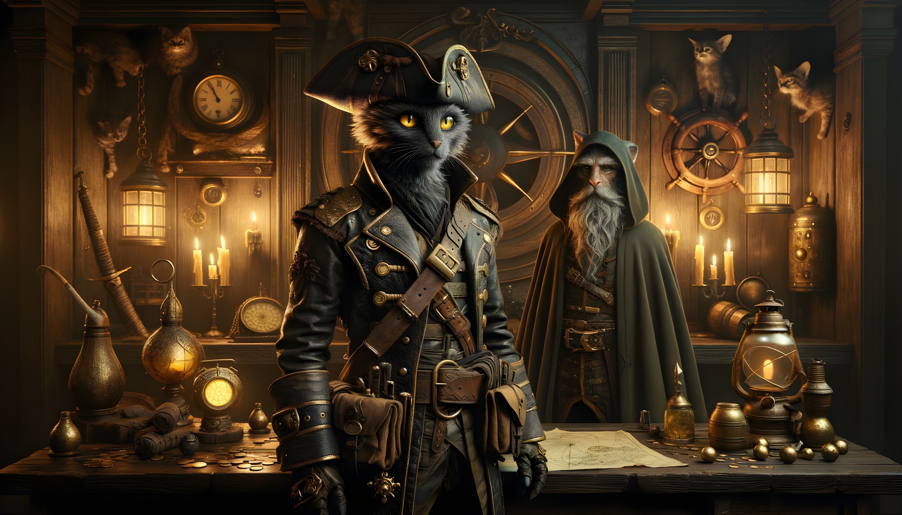 Pirate Cat in Nautical Room with Mysterious Figure
